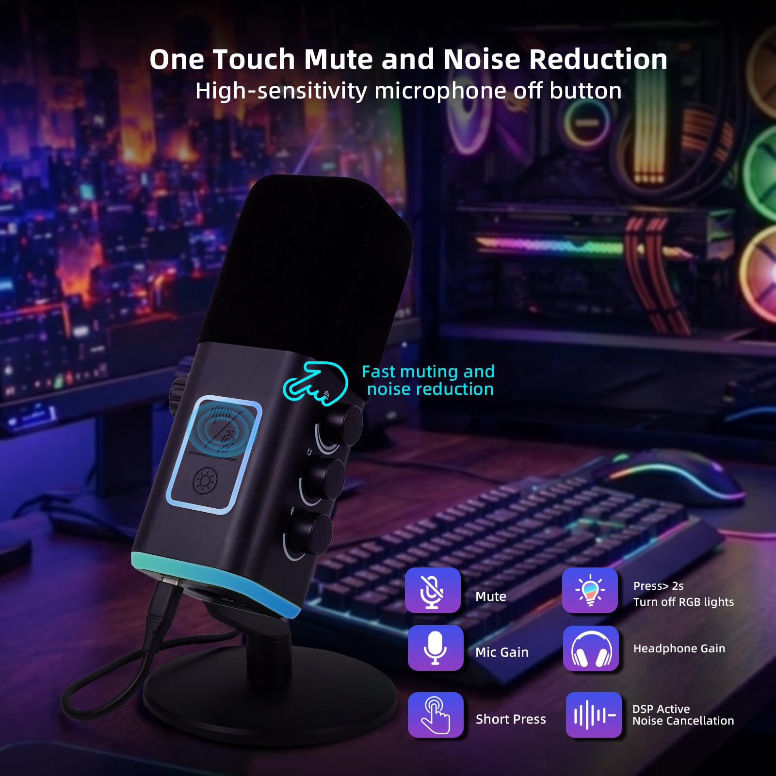 VCOM Micrófono USB para PC, micrófono RGB para juegos con botón de silencio