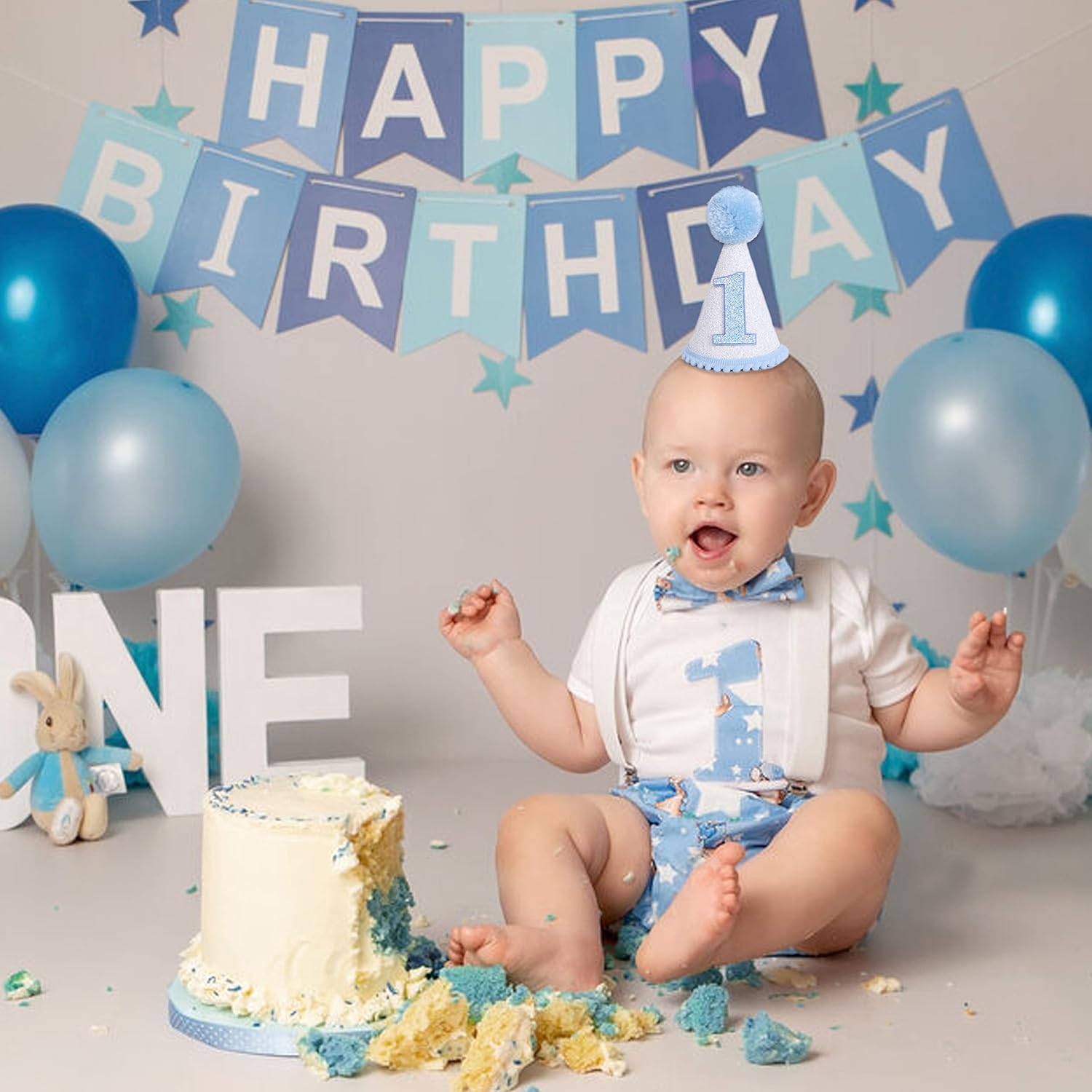 SELPONT First Birthday Decorations Set - Baby Angel Hat, Dark Green Cone Hat - Photo Booth Props and Backdrop for Cake Smash (Pure White) - Image 4