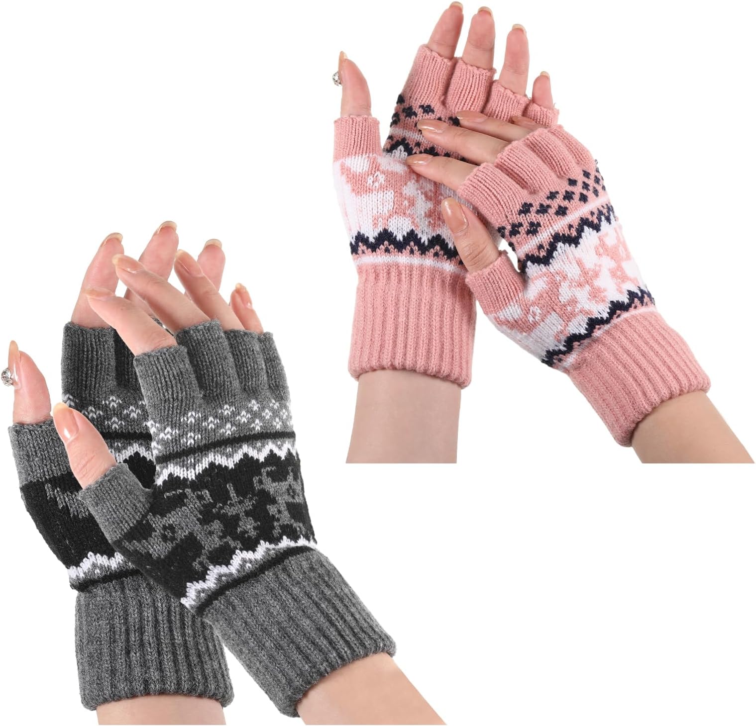 SUWIWKKOA2 Pairs Fingerless Gloves for Women, Winter Thermal Gloves Warm Soft Knit Wool Mittens Cold Weather Windproof Outdoor Sports Driving, Skiing, Running Gift for Family Half Finger Gloves