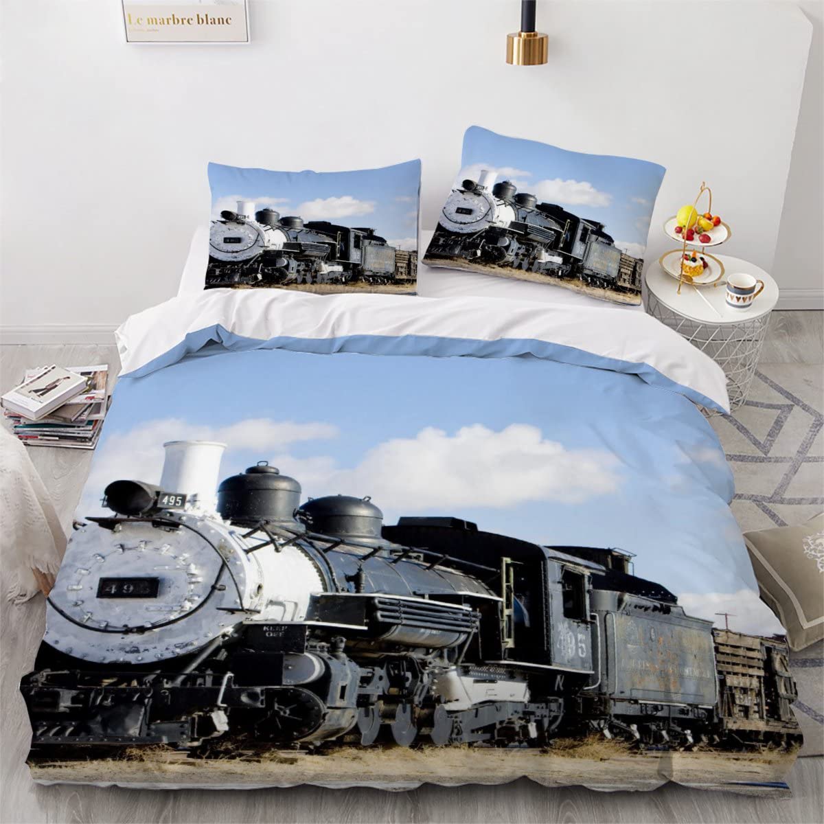 Duvet Cover set single Steam Train 3d Printed Quilt Cover with Zipper Closure and Pillowcase Retro Locomotive Comforter Cover 3 Pieces Ultra Soft Microfiber Bedding Set for Girls Teens