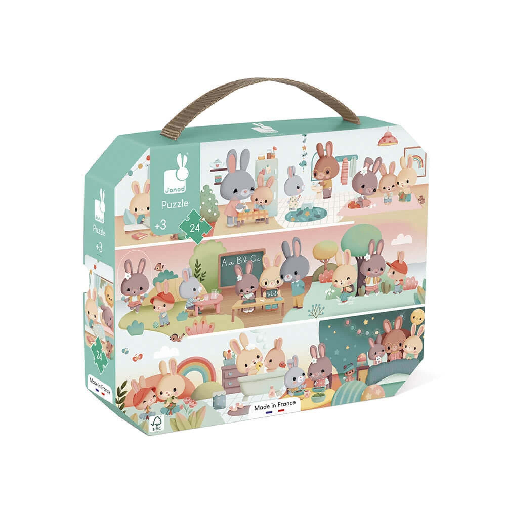 Janod - 3 Years+ - 24-Piece ‘One Day’ Children’s Puzzle - Educational Game - Fine Motor Skills and Concentration - Suitcase-Shaped Box with Handle - Made in France and FSC-Certified - J02601