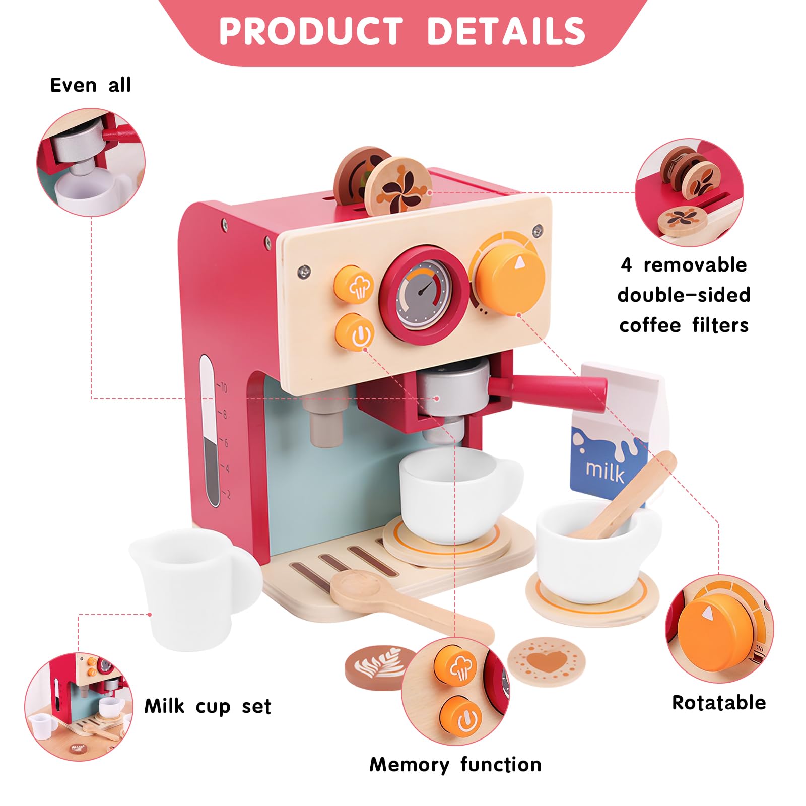 Macchina da caffè per bambini, in legno, giocattolo per la cucina dei bambini, accessori per la cucina dei giochi, macinacaffè, regali per ragazzi e ragazze