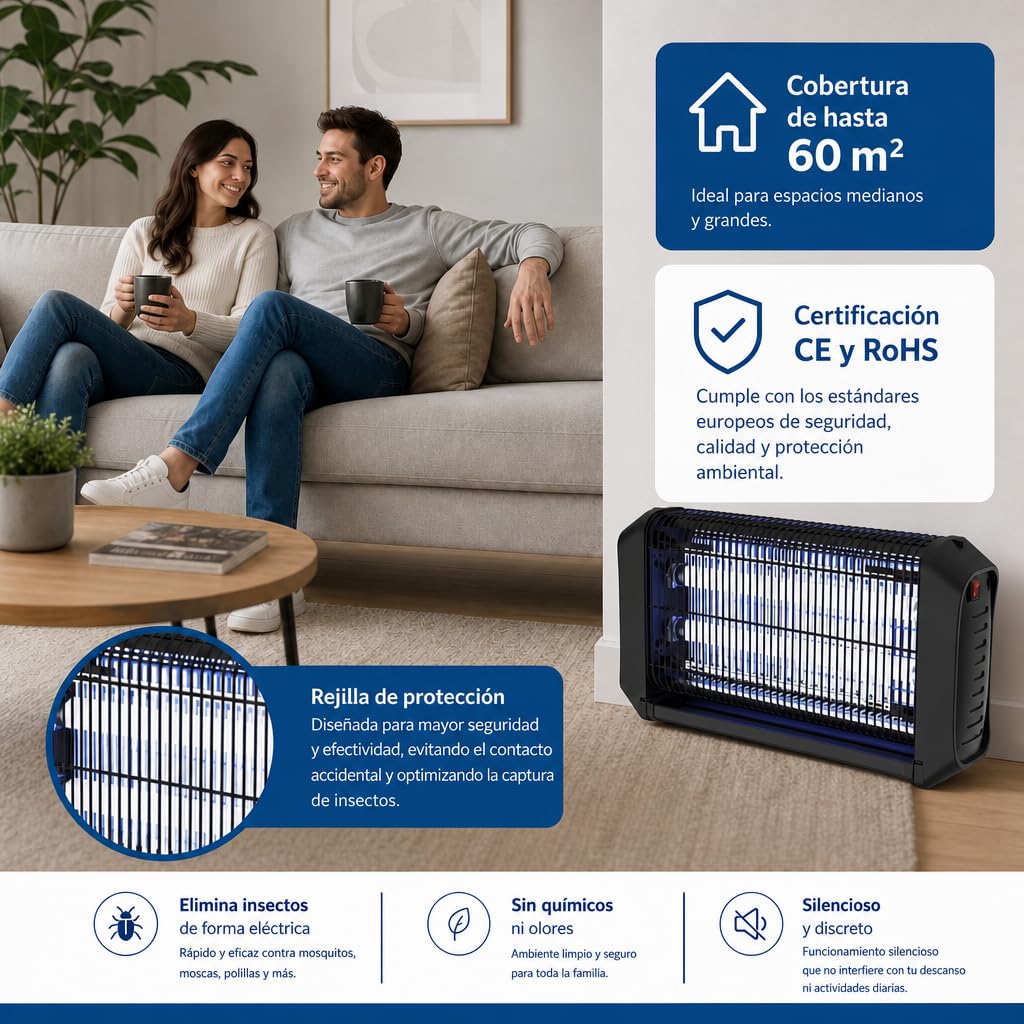 Sogo Lámpara Antimosquitos LED 4 W para hasta 60 m² - Mata Mosquitos Eléctrico Silencioso y Eficiente - Mata Insectos Eléctrico para Interior y Exterior Cubierto con Alta Seguridad