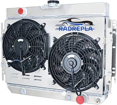 KKS289 4 Row Aluminum Radiator for 63-68 Chevy Impala/Bel-Air/Biscayne/Cappice Radiador for 64-67 Chevy EL Camino/Chevelle 1965 1966 Downflow Radiators Shroud 2x12" Fans Thermostat Relay Kit
