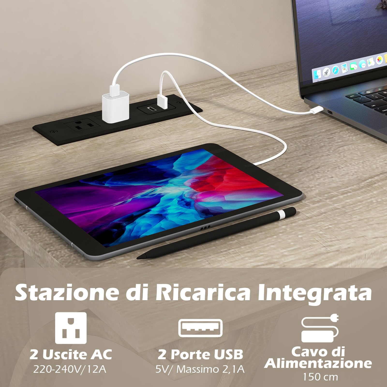 RELAX4LIFE Set di Tavolo e 3 Sgabelli da Bar, Tavolo da Pranzo in Legno di Gomma con Stazione di Ricarica Integrata, Stile Fattoria, Set di Tavolo da Pranzo, 150x48x92cm