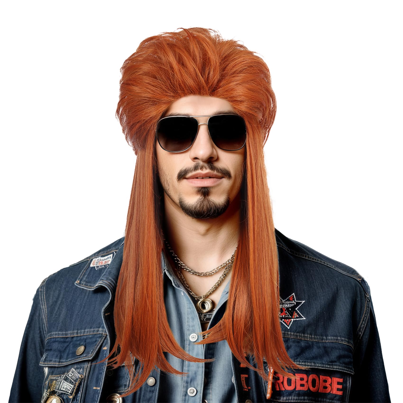 karlery Men Women Long Straight Orange Wig 70s 80s Mullet Punk Rocker Wig Cosplay Halloween Party Wig