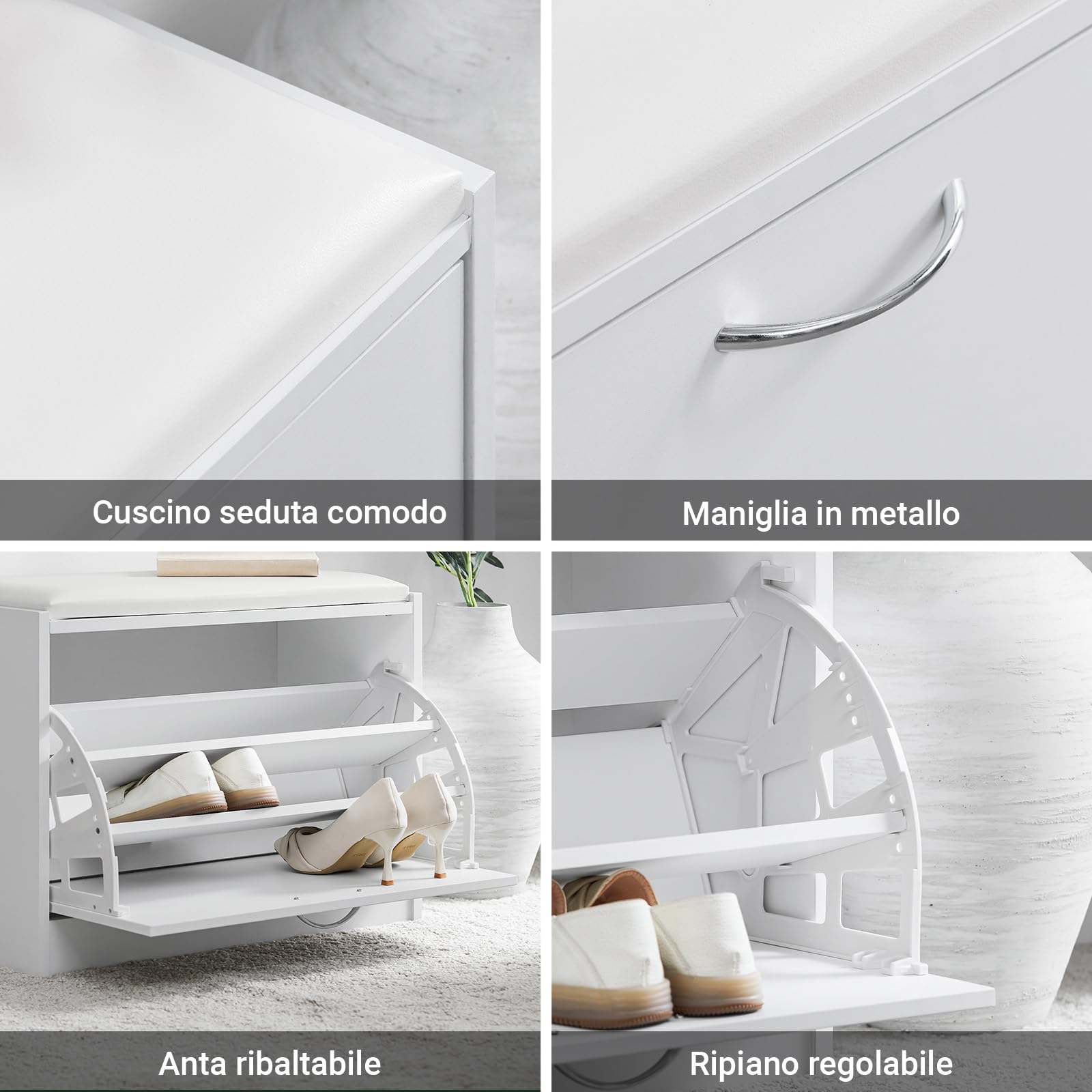 SoBuy Scarpiera Ingresso Panca Contenitore con Cuscino - Salvaspazio Slim da 60x30x48 cm - Cassapanca Porta Scarpe in Legno per Corridoio o Camera, Portata 120kg - FSR16-W
