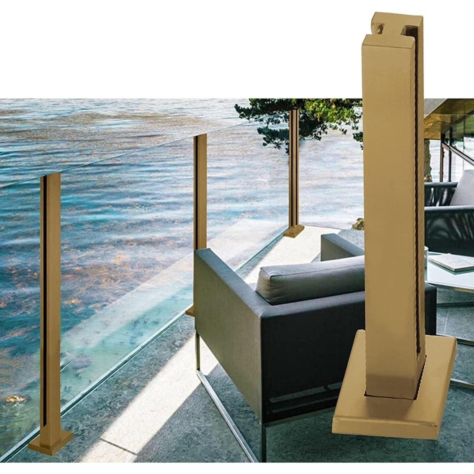 Genérico Sistema de barandilla de Vidrio Cuadrada Dorada, Postes de balaustrada duraderos para Balcones, terrazas, Patios y escaleras, Ranuras para canaletas de Vidrio para Exteriores de 65 cm de alt