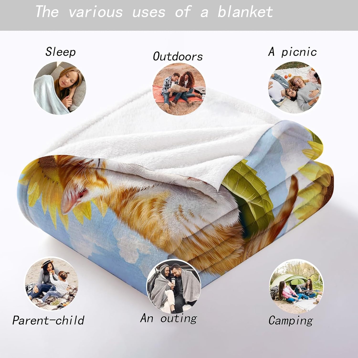Sunflower Slumber Cat Throw Blanket - Ultra Soft, Cozy, Lightweight Flannel - Warm, Plush, Fuzzy Decor for Couch, Office, Travel - Fluffy, Cute Cat and Flower Design 50×60 Inch - Image 5