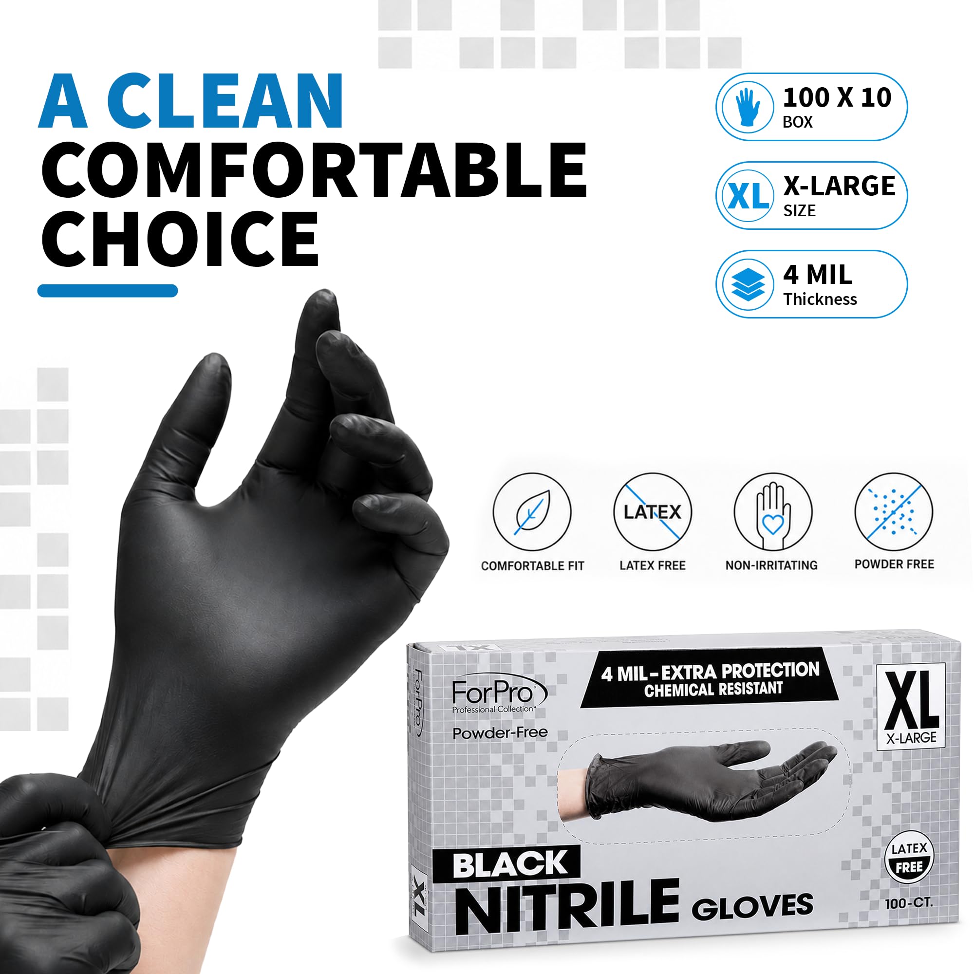 ForPro Professional Collection Einweg-Nitrilhandschuhe, chemikalienbeständig, puderfrei, latexfrei, unsteril, lebensmittelecht, 4 mil, schwarz, Größe XL, 1000 Stück