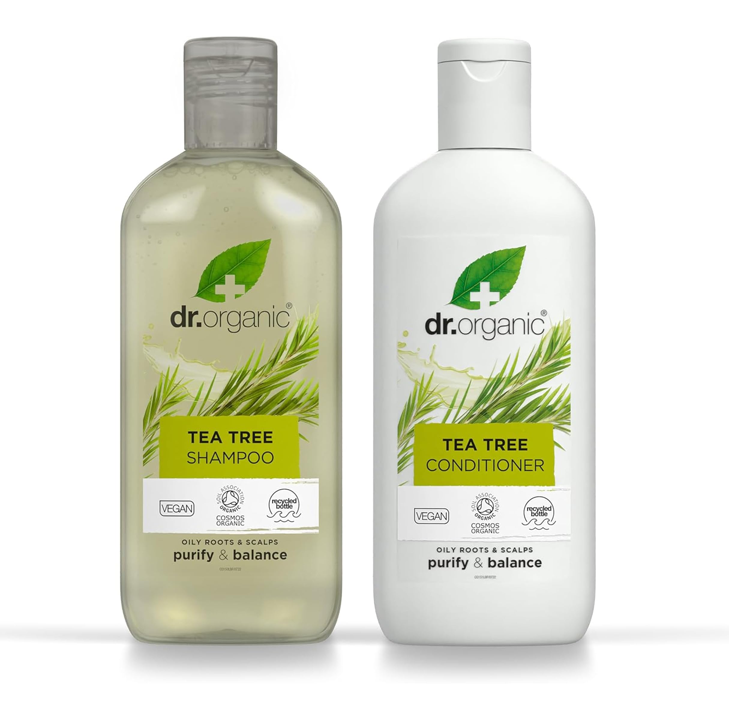 Dr Organic Tea Tree Shampoo & Conditioner Set with Travel Bag, Purifying, Oily Roots Natural, Vegan, Cruelty-Free, Paraben & SLS-Free, Recyclable & Recycled Ocean Bound Plastic, Organic, 265ml