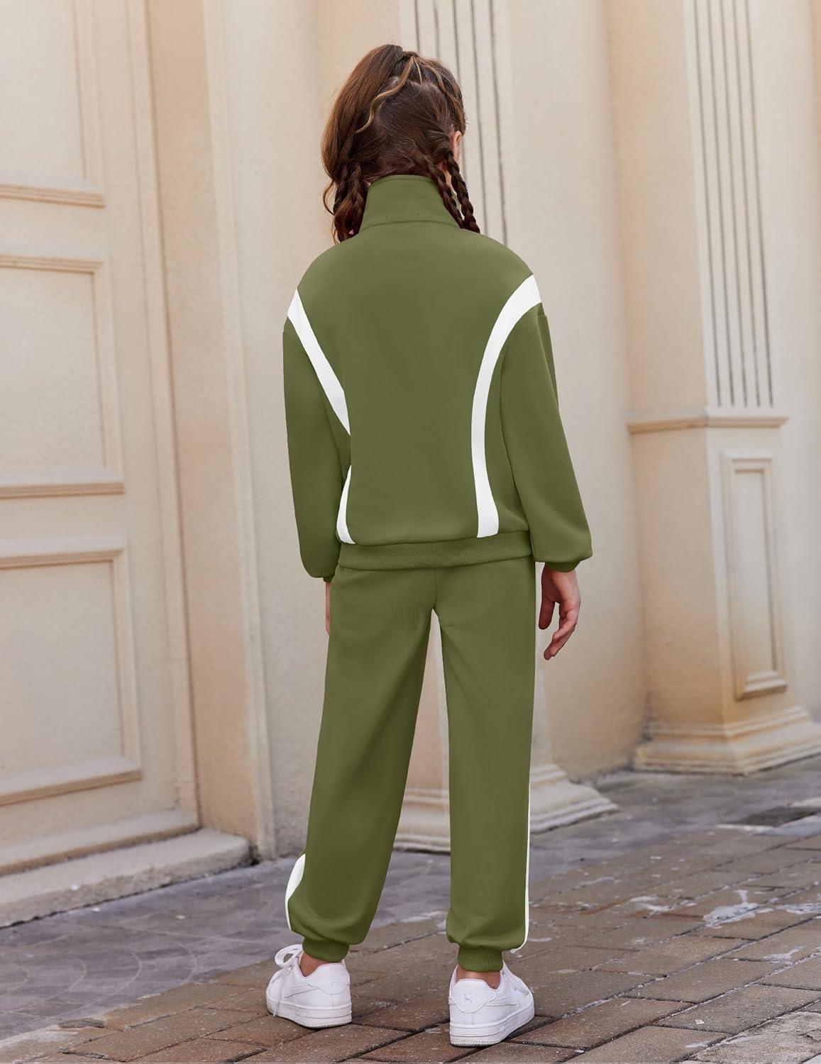 Zaclotre Girl's 2 Piece Outfits Zip Up Sweatsuit Contrast Striped Sweatshirt Sweatpant Sets Jogging Track Suit - Image 4