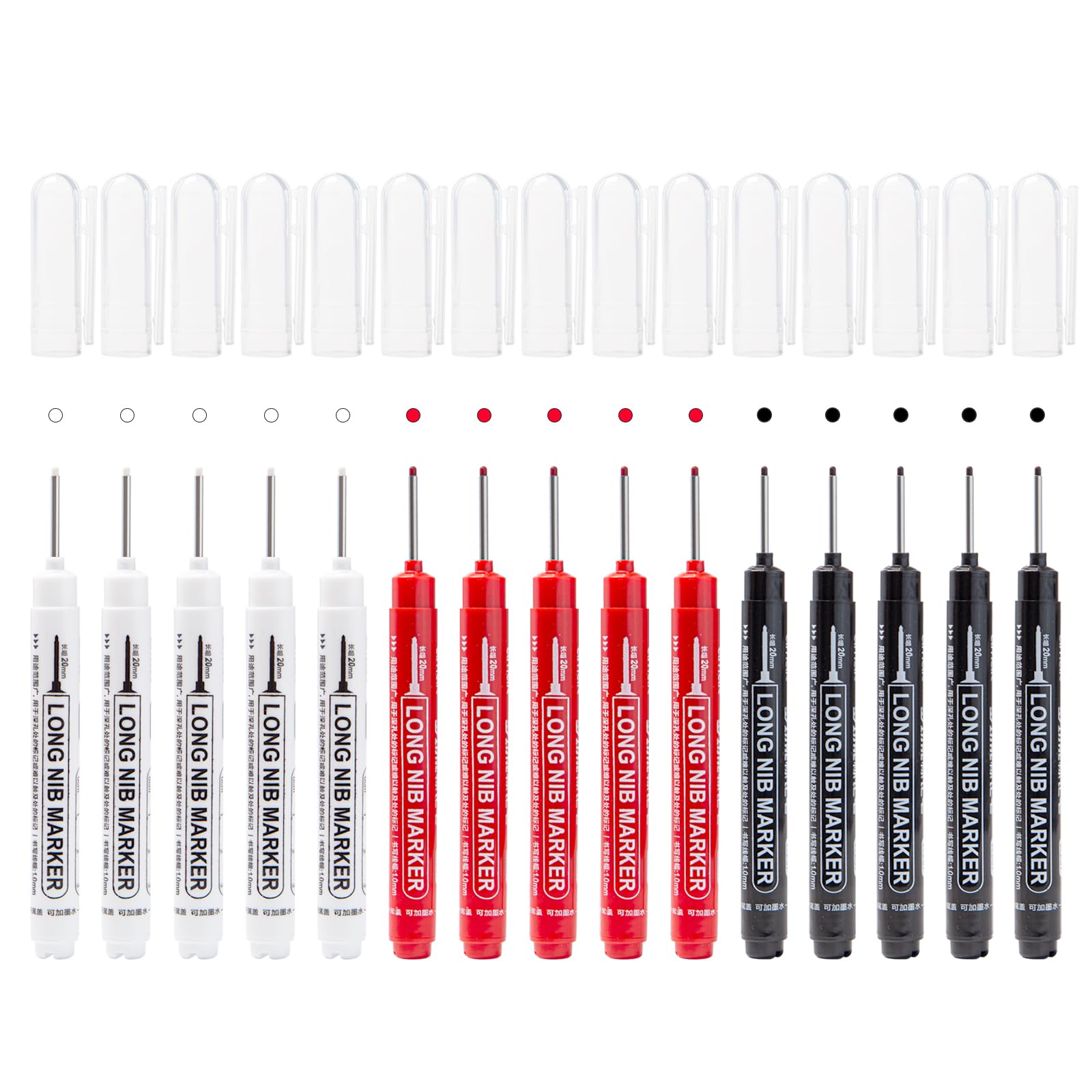 Pilikoll 15 Pcs 20mm Deep Hole Marker Carpenters Pens Waterproof Deep Reach Markers Long Head Fine Nib Marker Woodworking Markers for Permanent Marking of Hard To Reach Areas (Black White Red)