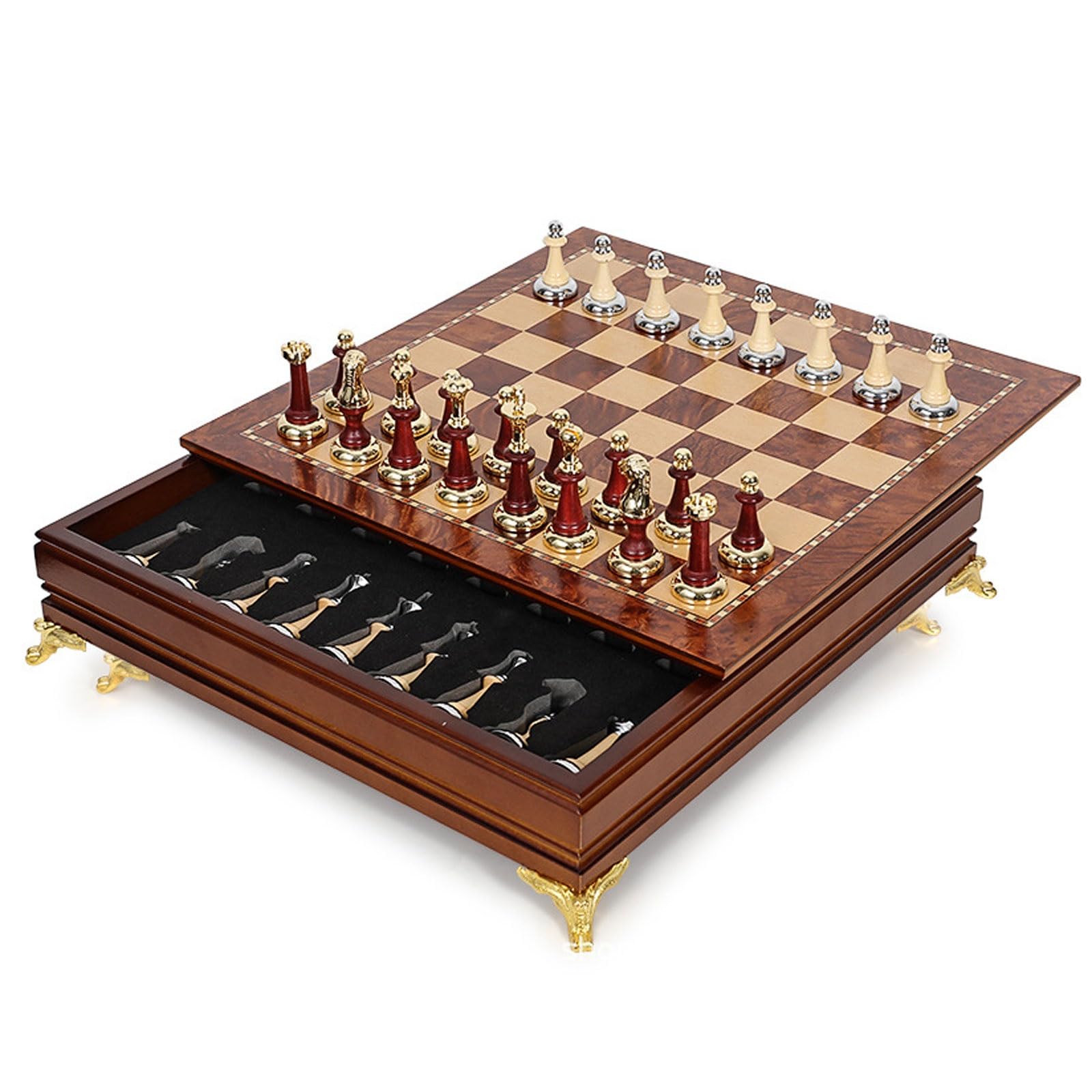 Set di scacchi in legno da 15,7", design raffinato della scacchiera superiore/inferiore for principianti e giocatori professionisti