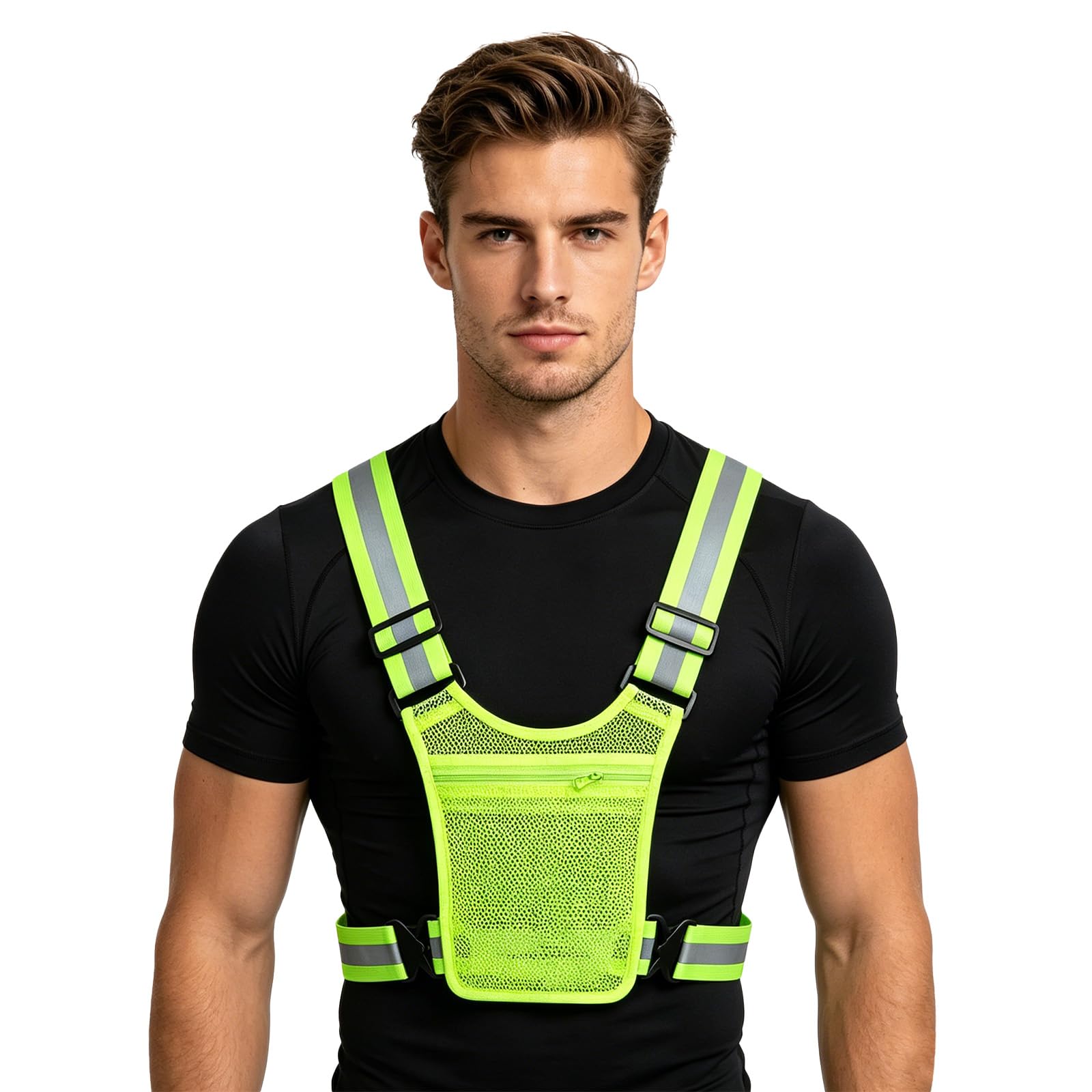 NICEYEA Men Women Reflective Safety Vest with Pocket, Unisex Adults Outdoor Night Running High Visibility Adjustable Elastic Vest Strap for Dog Walking Jogging Cycling