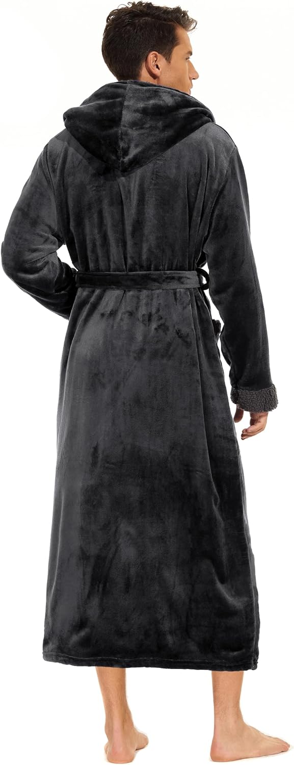 iniber Mens Hooded Robe, Soft Lightweight Plush Robes for Men, Warm Long Fleece Men's Bathrobe with Pockets