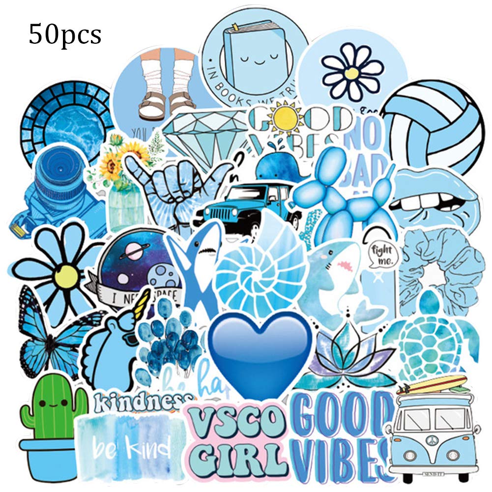SRTYZ 50 PCS Cute Vsco Stickers Blue Stickers Decals Teens/Girls/Kids Trendy Stickers Waterproof Decal for Laptop, Phone, Luggage, Skateboard, Bike