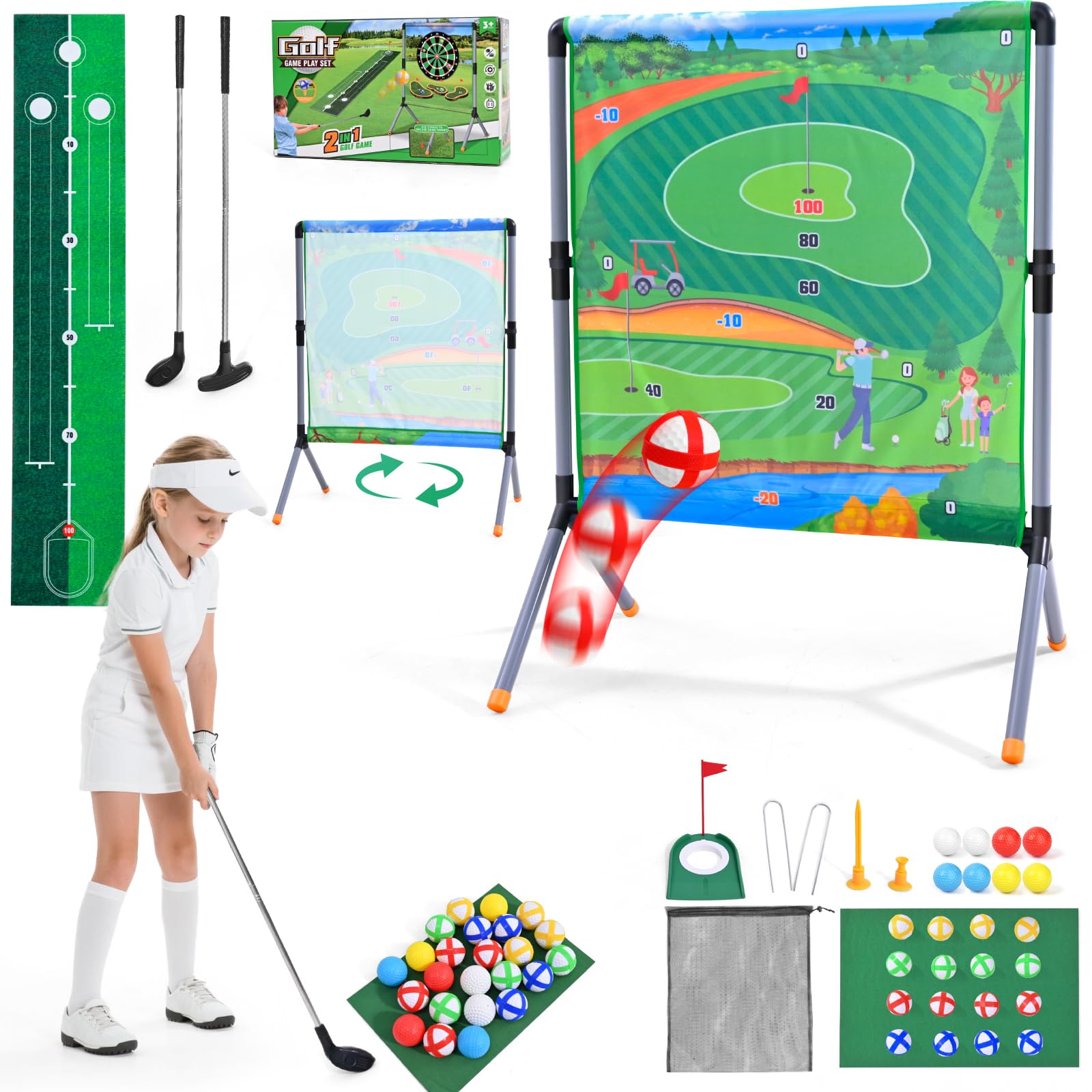 Golf Battle Play Set for Kids & Adults, Includes Target Mat, 2 Golfclubs, Putting Mat, 24 Balls & Stand for Adults Kids Outdoor & Indoor Family Fun Golf Skills Training Gift