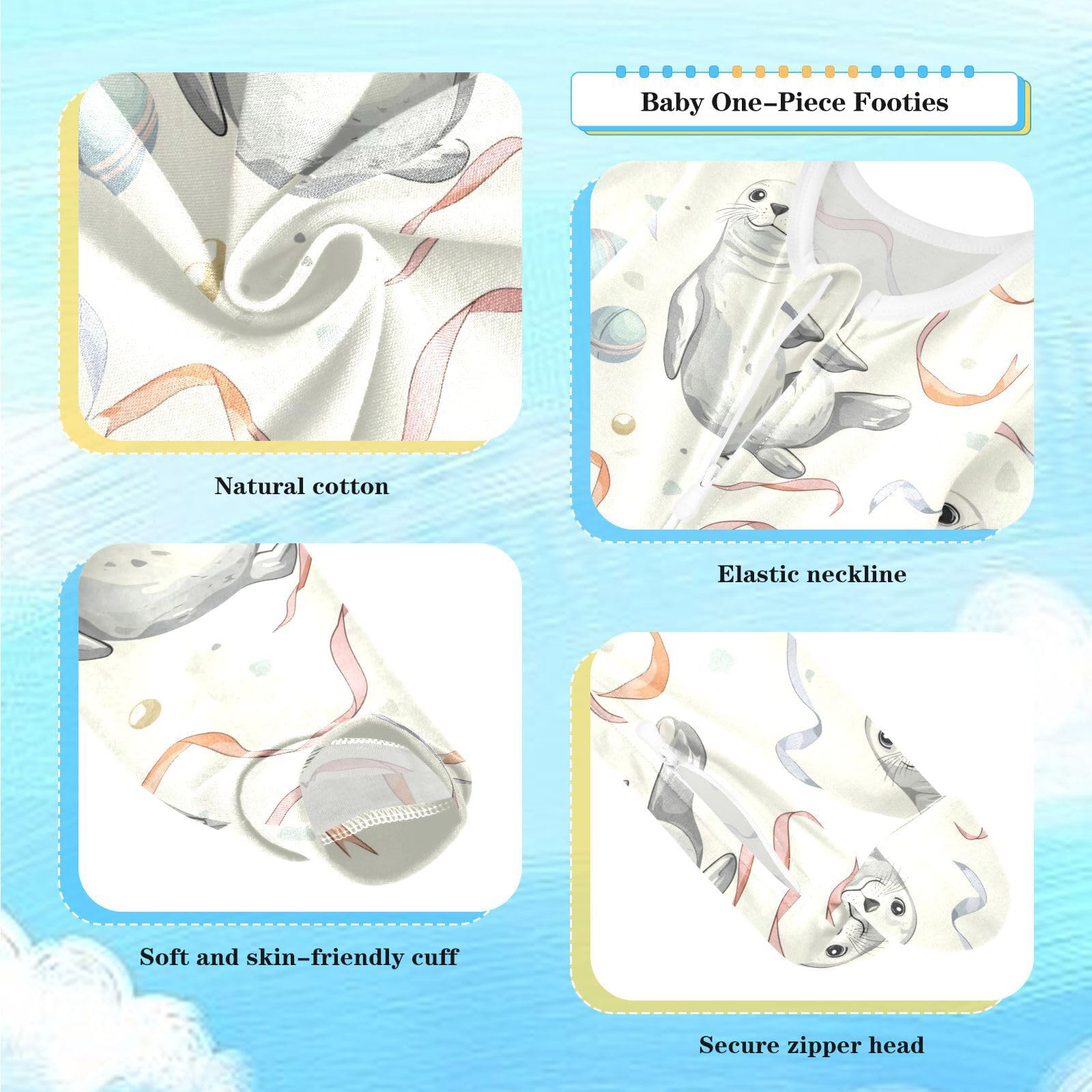 vvfelixl Baby Blay One Piece Footies Cute Seal Heading Ball Baby Onesie Sleepers Cotton Clothes for 9-12 Months
