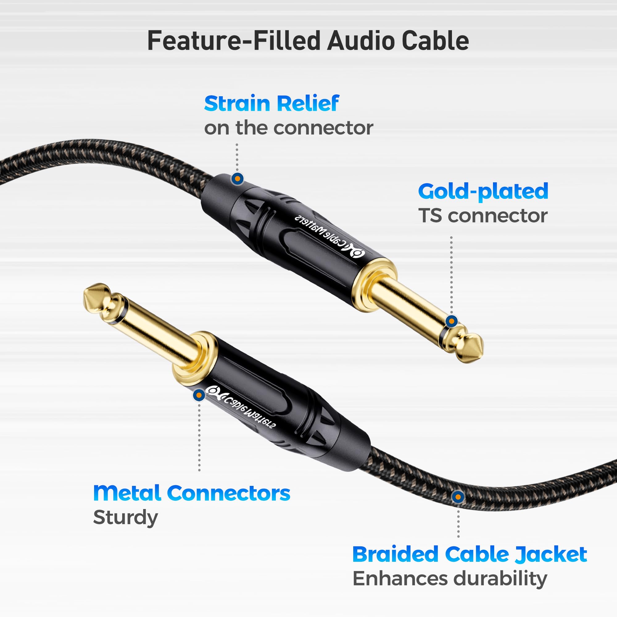 Cable Matters Confezione da 2 cavi intrecciati da 1/4 di pollice lungo TS a TS per chitarra elettrica, cavo amplificatore per chitarra, cavo strumento per chitarra elettrica, mandolino