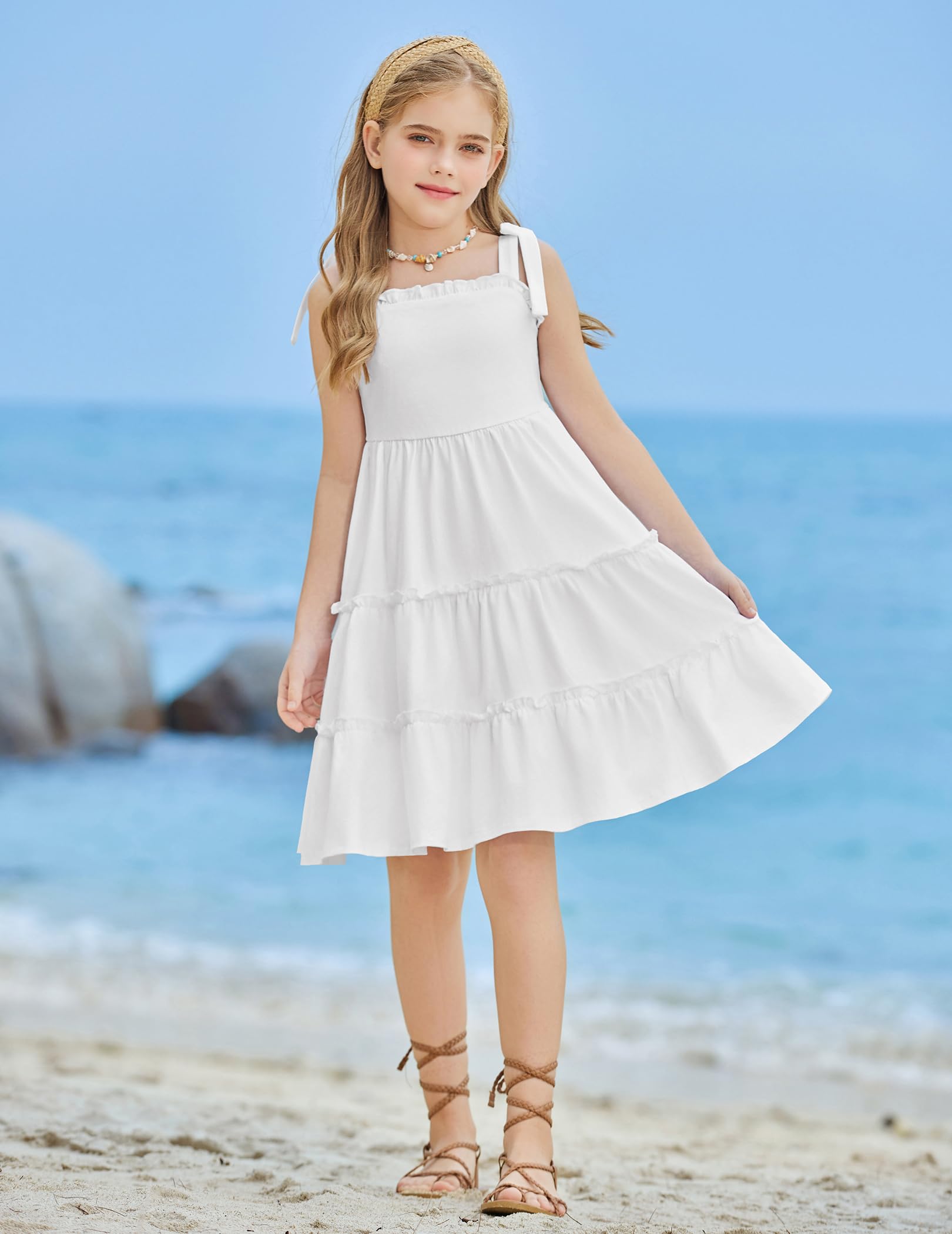 Arshiner Vestido para Niñas Tirantes de Lazo Verano Algodón Elegante Vestido Fiestas sin Mangas de Corte en A para Niñas de 5-14 Años