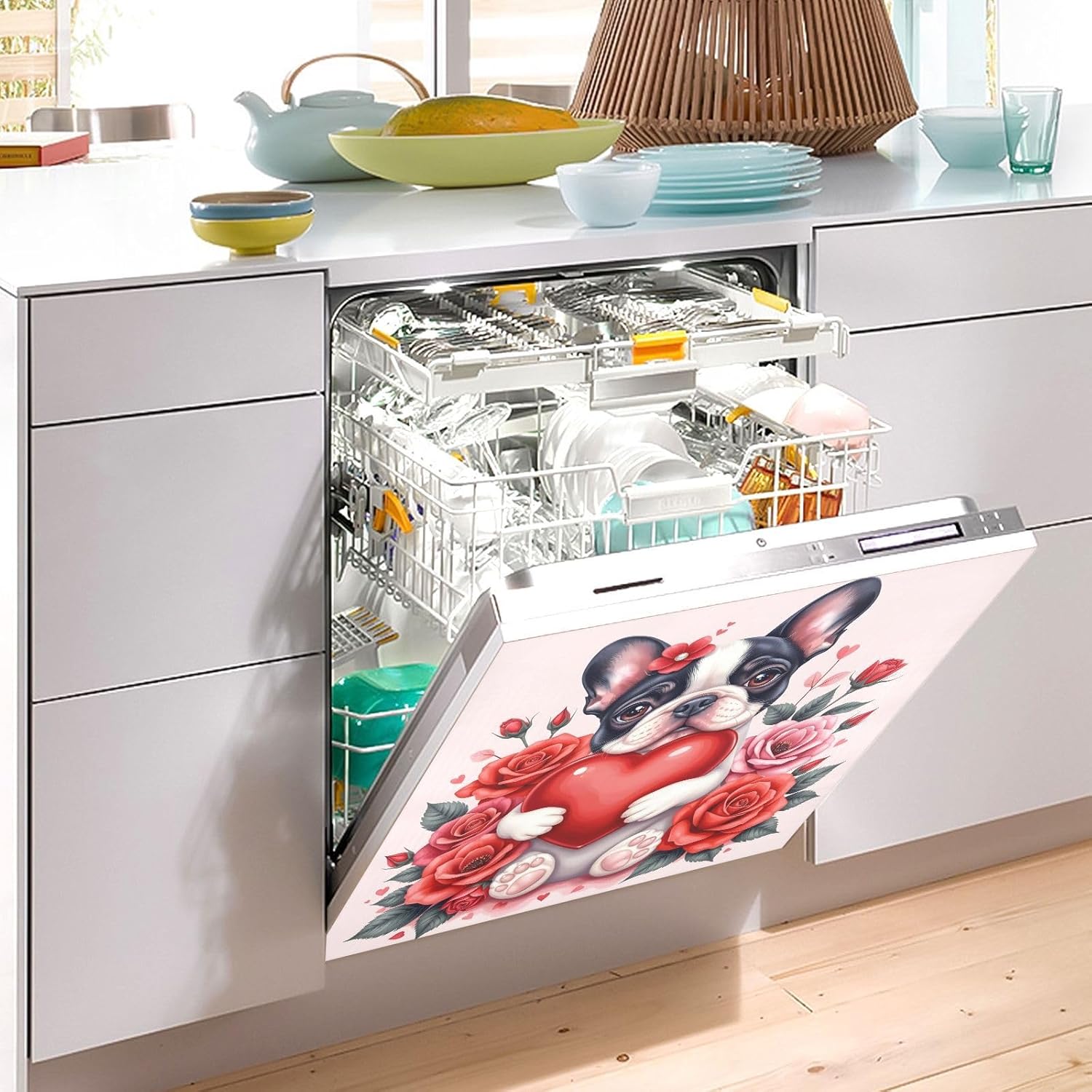 Dishwasher Magnet Cover Large Magnetic Stickers Bulldogs Hearts Front Dishwasher Cover Reusable Decal for Home Kitchen Refrigerator Decorative Lid Washing Machine Laundry