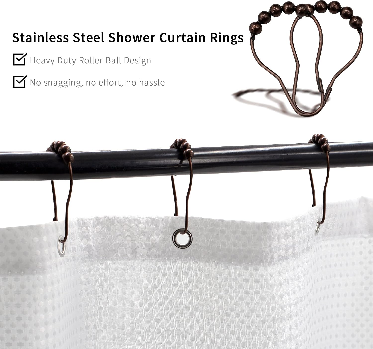 MitoVilla Stainless Steel Shower Curtain Hooks Rings, Bronze Shower Hooks for Shower Curtain Liner, Rolling Balls Rust Proof Shower Rings for Curtain Accessories and Bathroom Shower Rod, Set of 12