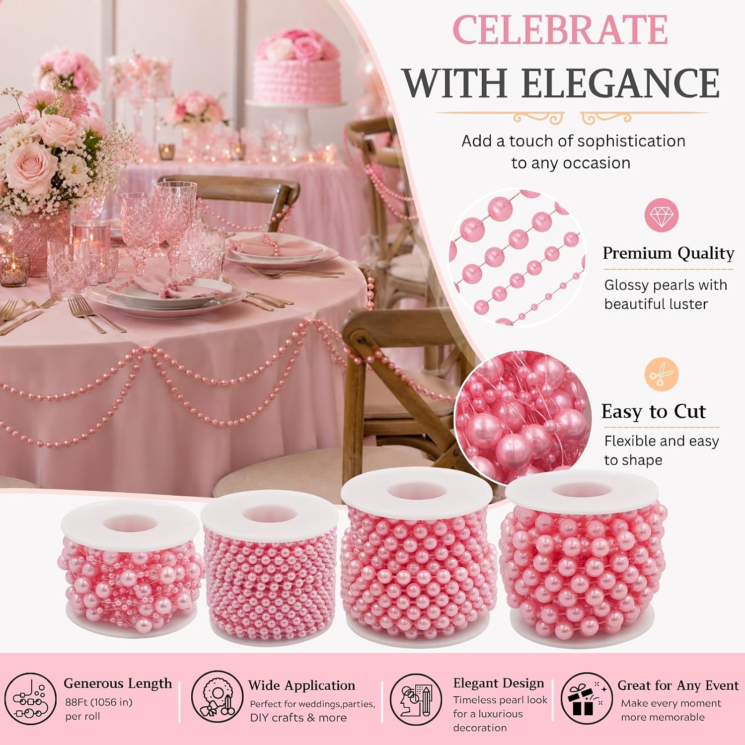 Bijou Joon 4 Rolls 88 Feet Pink Pearl String Pearl Garland Beaded Strands