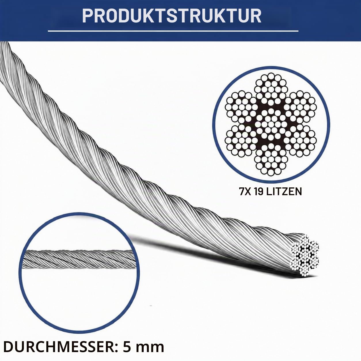 Drahtseil 5mm, 7,6M, 7x19 Litzenkern 304 Edelstahl Stahlseil mit Ösen, 1600kg Bruchfestigkeit, Drahtseil Set für Außen, Garten, Geländer