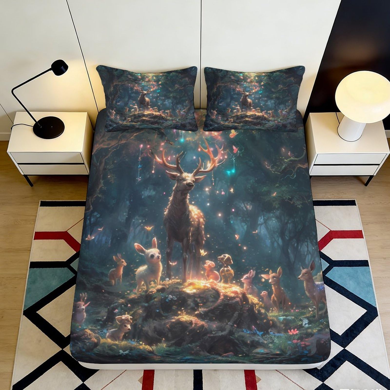 3D Printed Forest Deer Fitted Sheet Microfiber Soft Breathable Enchanted Woodland Bed Cover for Bedroom Dorm Decor 90x200x25cm