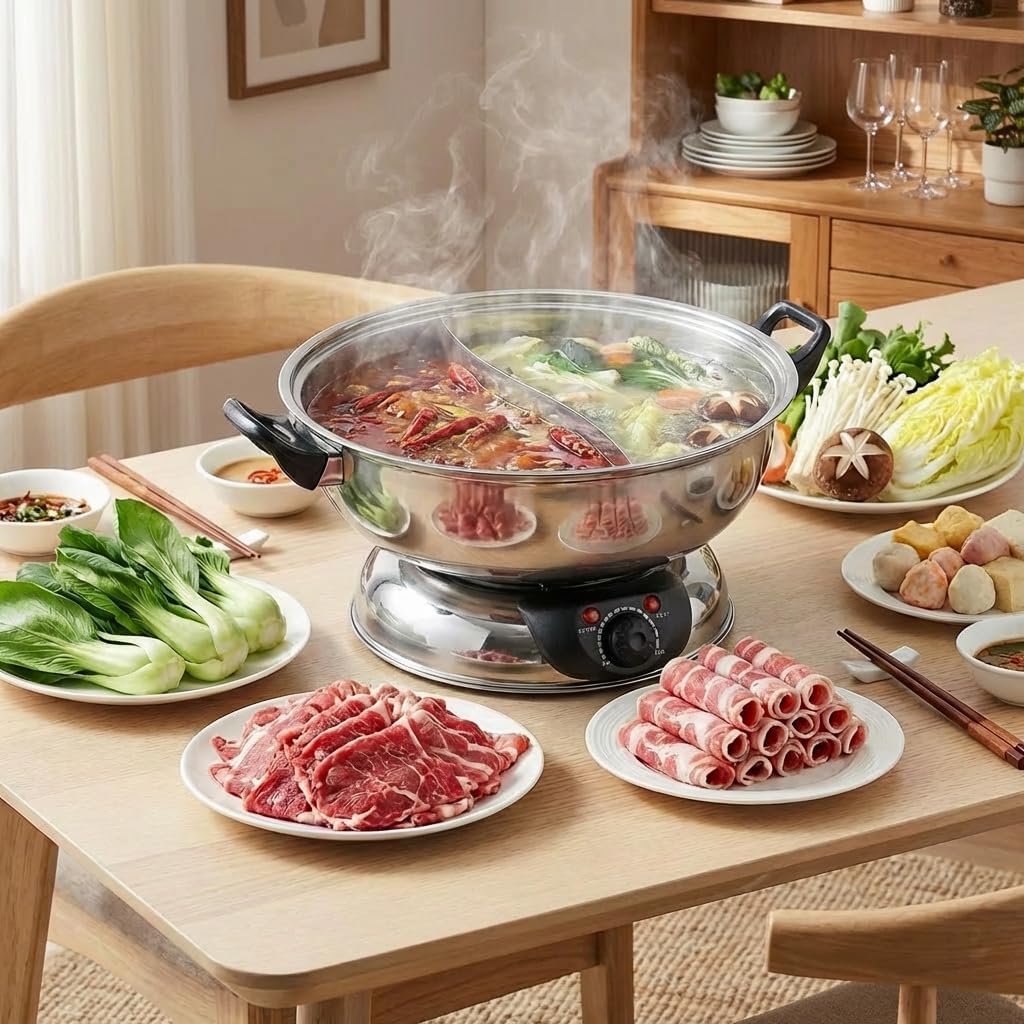 Sonya 5.1 L Electric Dual-Sided Shabu Shabu & Mongolian Hot Pot – Stainless Steel, Large Capacity for Family Meals & Hot Pot Parties
