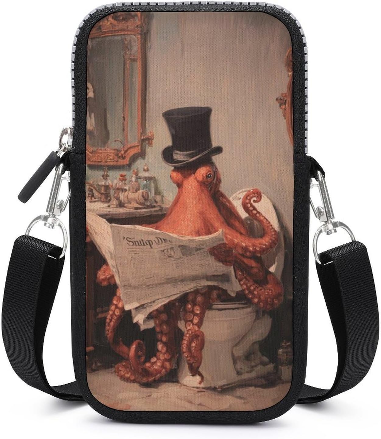 Vintage Octopus Reading Newspaper on Toilet Crossbody Mobile Phone Bag Smartphone Bag With Adjustable Strap