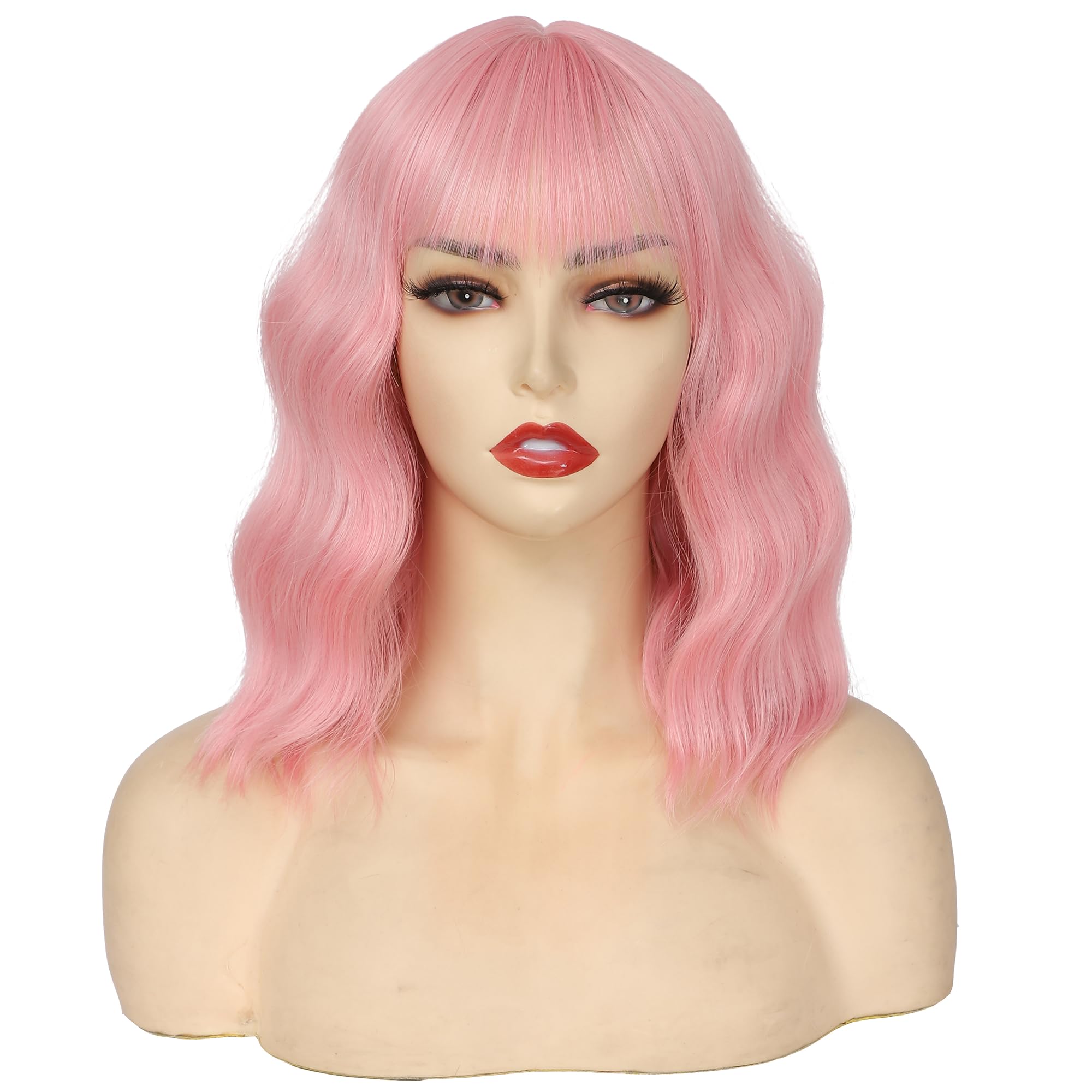 Peluca de color rosa claro para mujer, pelucas cortas onduladas pastel, pelucas rizadas con flequillo, longitud al hombro, pelucas sintéticas coloridas para cosplay, fiesta, uso diario (14 3