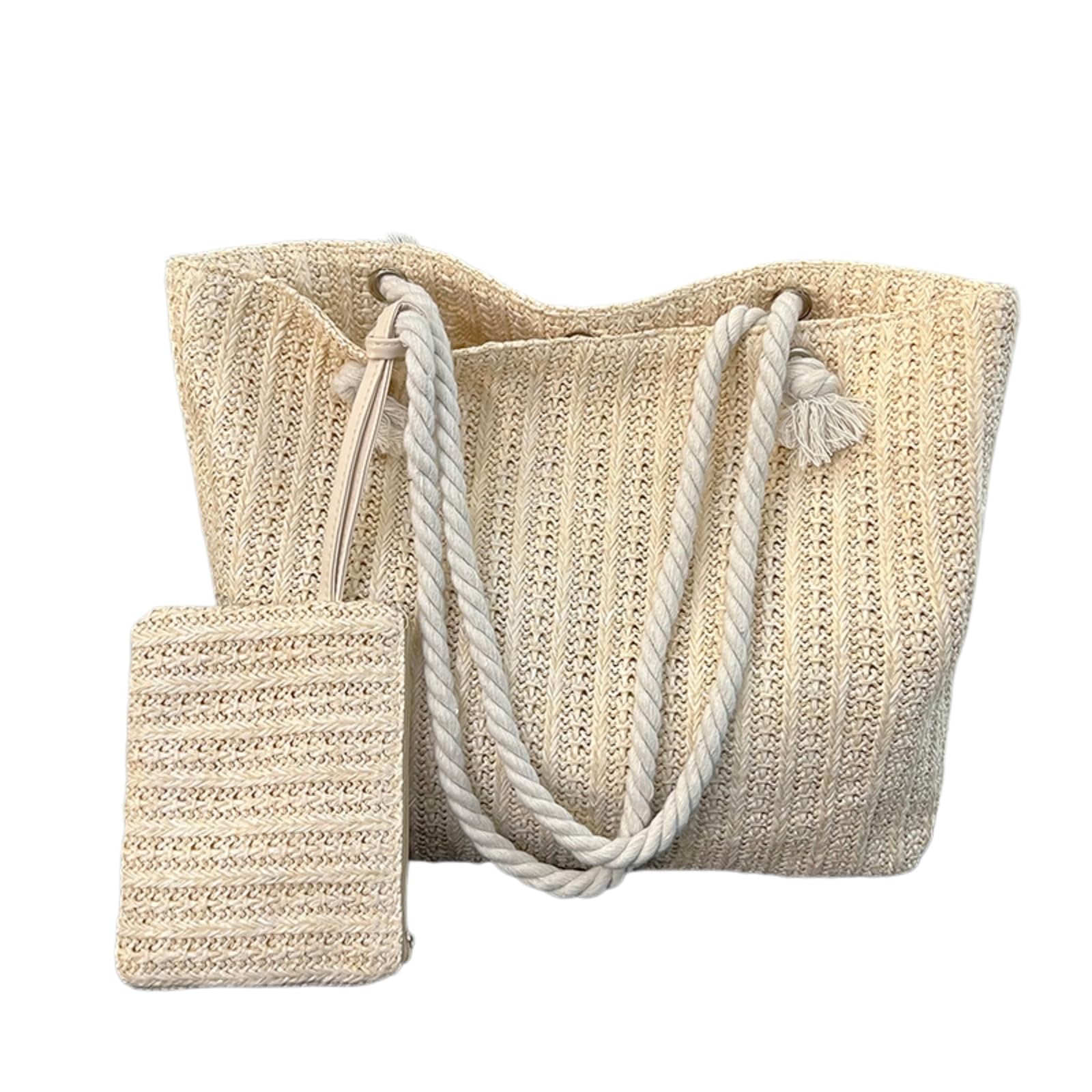 Borsa Spalla Paglia Tessuta con A di Spiaggia Grande capacità Maniglie Corda Spessa della Abbinamento per Lo Shopping Viaggio-setbeige