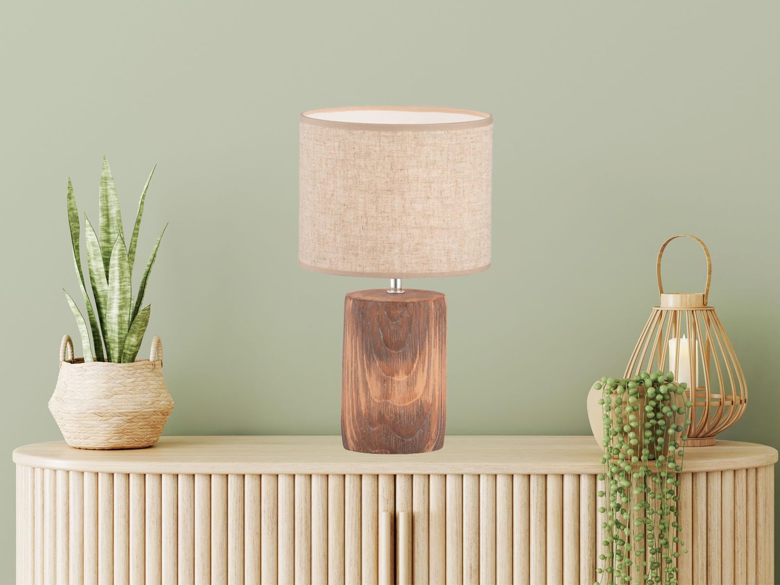 Tischlampe mit Leinenschirm Beige & Betonfuß Holzoptik, 43cm groß