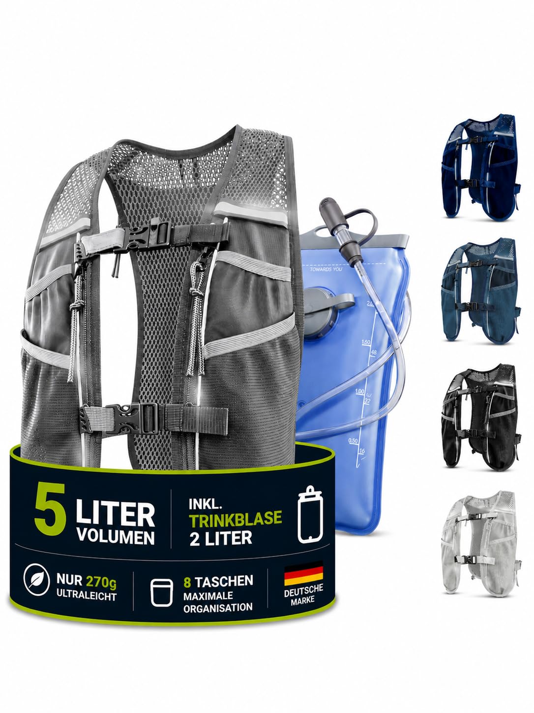 SASMO® Laufweste Damen & Herren 5L / 2L | Running Vest - Ultraleicht & atmungsaktiv| Laufrucksack Damen - 8 Taschen | Laufweste Herren | Trinkweste Laufen