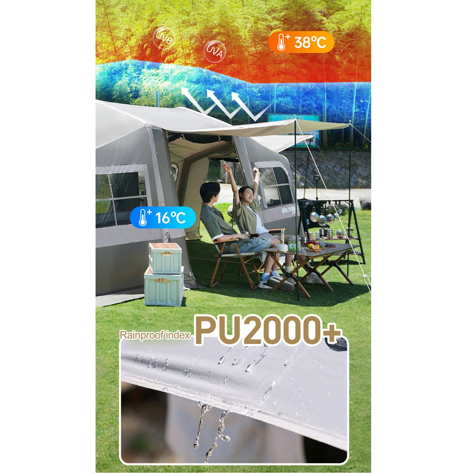 Luftzelt für 4–6 Personen mit Wohnbereich und separaten Schlafzimmern, geräumiges aufblasbares Tunnelzelt, einfach aufzubauen für Familiencamping, Festivals, Wochenendausflüge