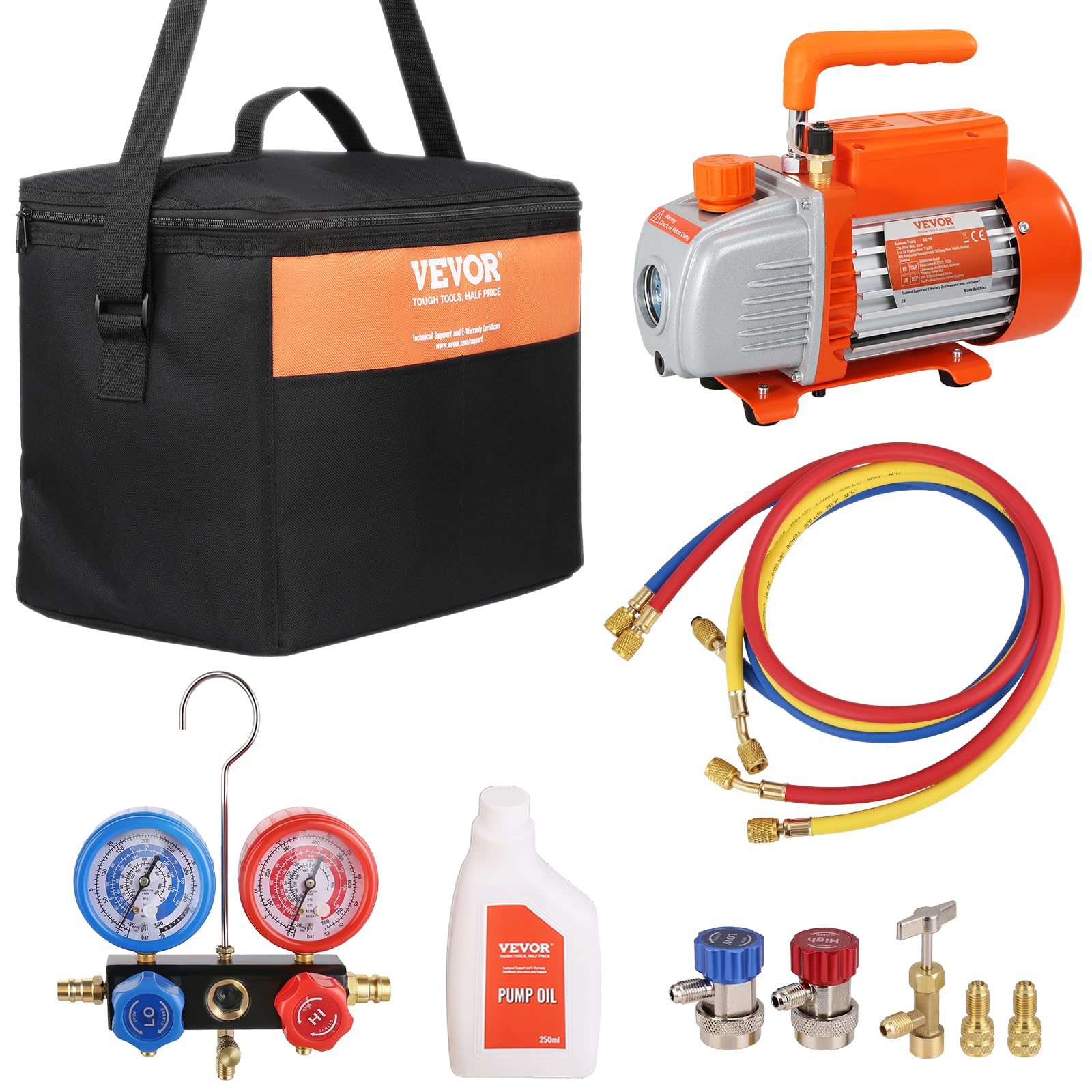 VEVOR Kit Pompa a Vuoto Monostadio per Aria Condizionata di Automobili 150W Pressione tra 55-276 bar, Kit Pompa Vuoto 100 L/min per Riparazione di Condizionatore Frigo Refrigeranti HVAC R134a R410a