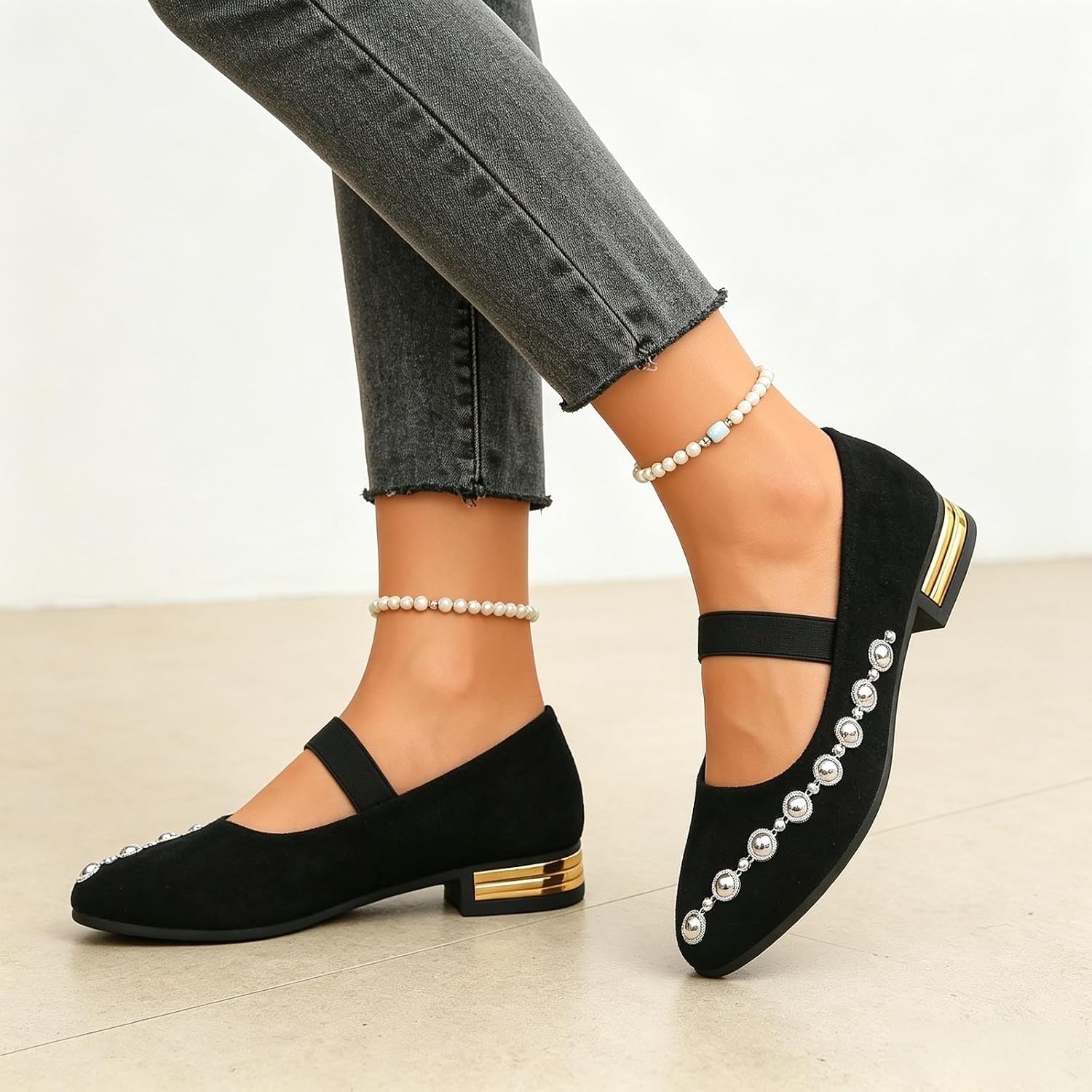 Womens Versatile Pointed Toe Closed Heel Dress Shoes Low Block Heel Comfortable Casual Flats Suede Upper Daily Work Office