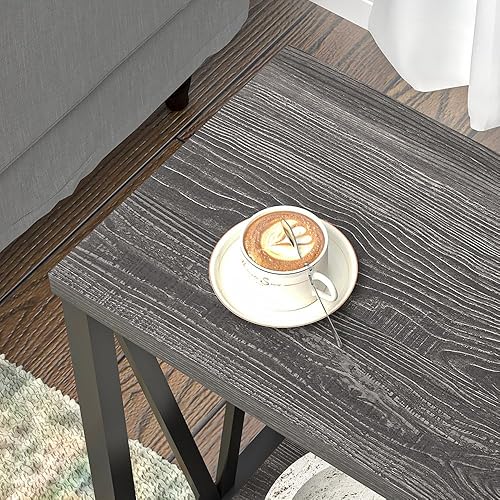 Miniatura 4 de FOLUBAN Mesa auxiliar pequeña, mesa auxiliar de madera rústica y metal con almacenamiento, mesita de noche vintage para sala de estar, dormitorio