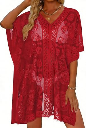Womens Lace Bathing Suit Cover Up V Neck Beach Coverup Summer Swim Coverups Loose Bikini Beach Dress 2026