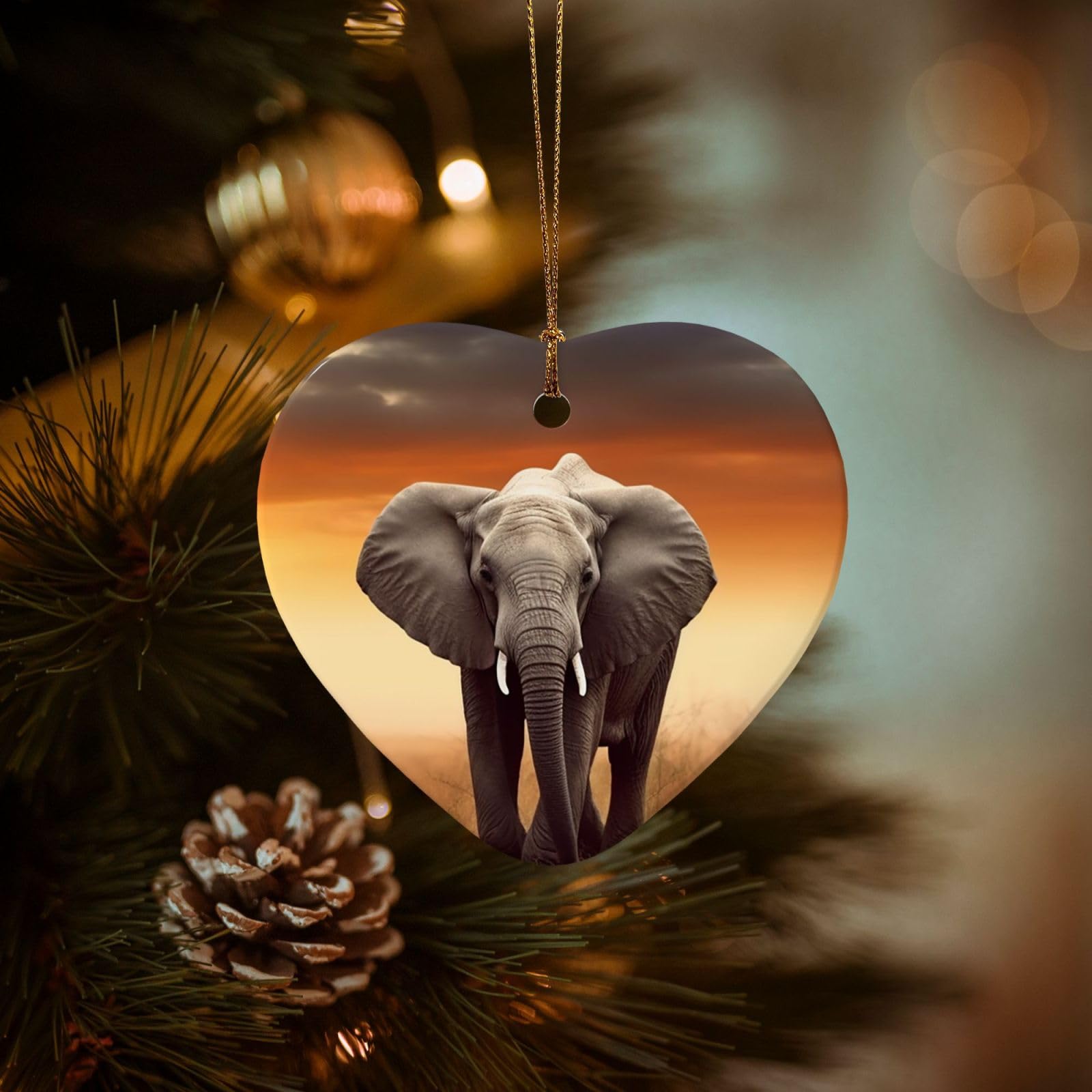 Christmas Tree Ornaments Ceramics Christmas Decorations Cute Wild Elephant Ornaments with Gold Ribbon Porcelain Xmas Tree Crafts Heart Shape Hanging Pendant for Christmas Tree Party Decor