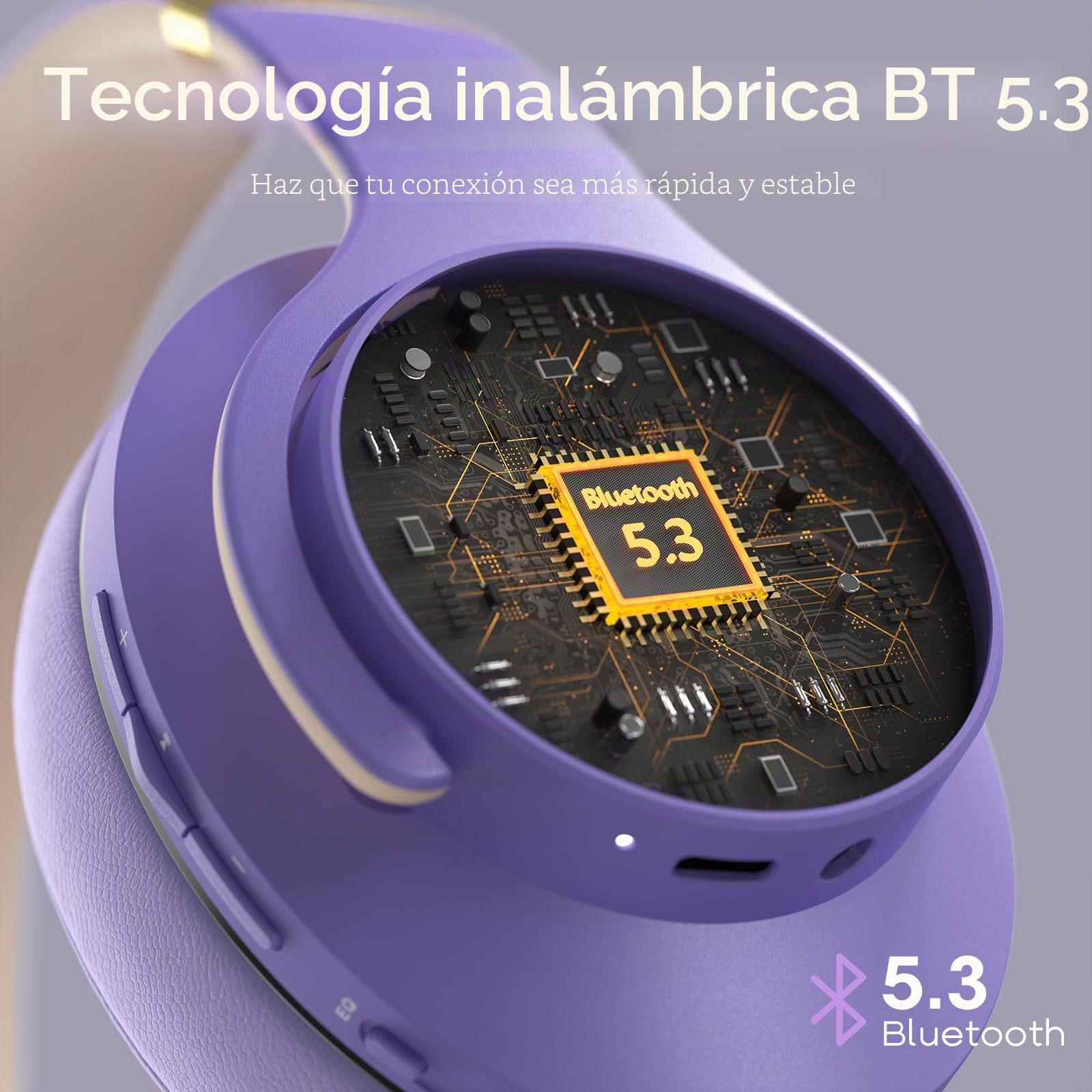 DOQAUS Auriculares Inalámbricos Bluetooth de 90 Horas, Auriculares Bluetooth con Micrófono y 40mm Controlador, con 3 Modos de Música, para Móviles/PC/Hogar - Morado