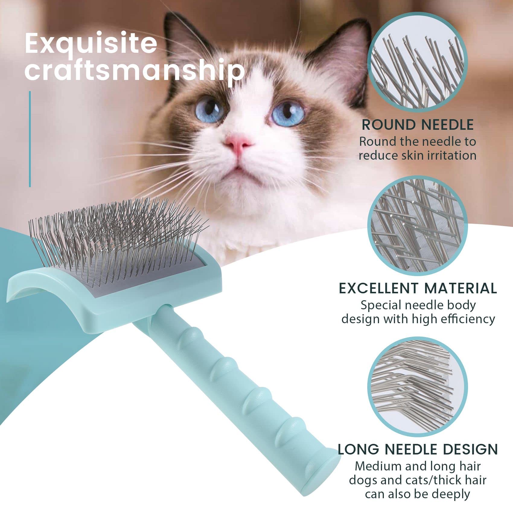 Hausdec Firm Slicker Brush for Extra Long Pin Dog Grooming Wire Brush and Deshedding (Green) - Image 3