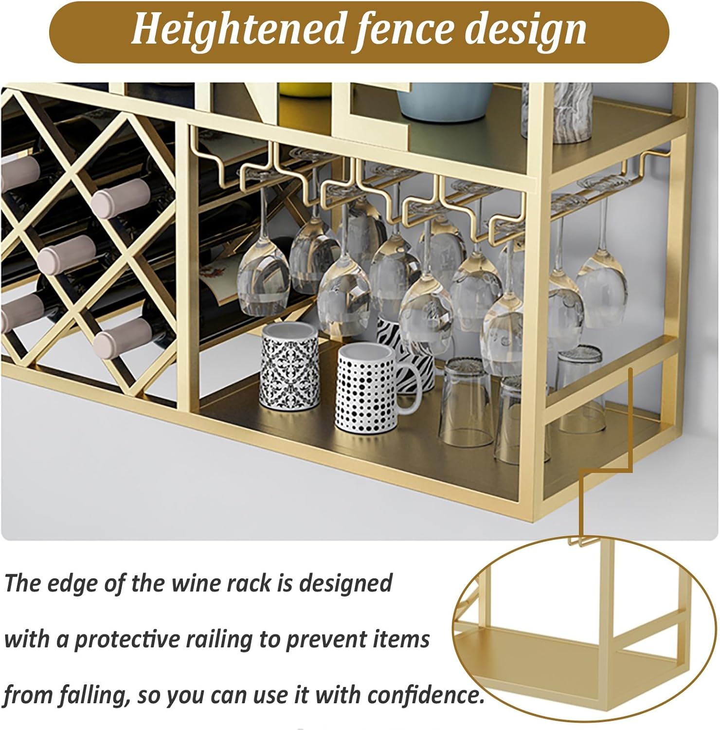 Wall-Mounted Wine Rack with Display Shelf, Metal Wine Holder, Iron Wine Cabinet, Stylish Black Wine Glass nizer, Rustic Home Decor for Wine Lovers