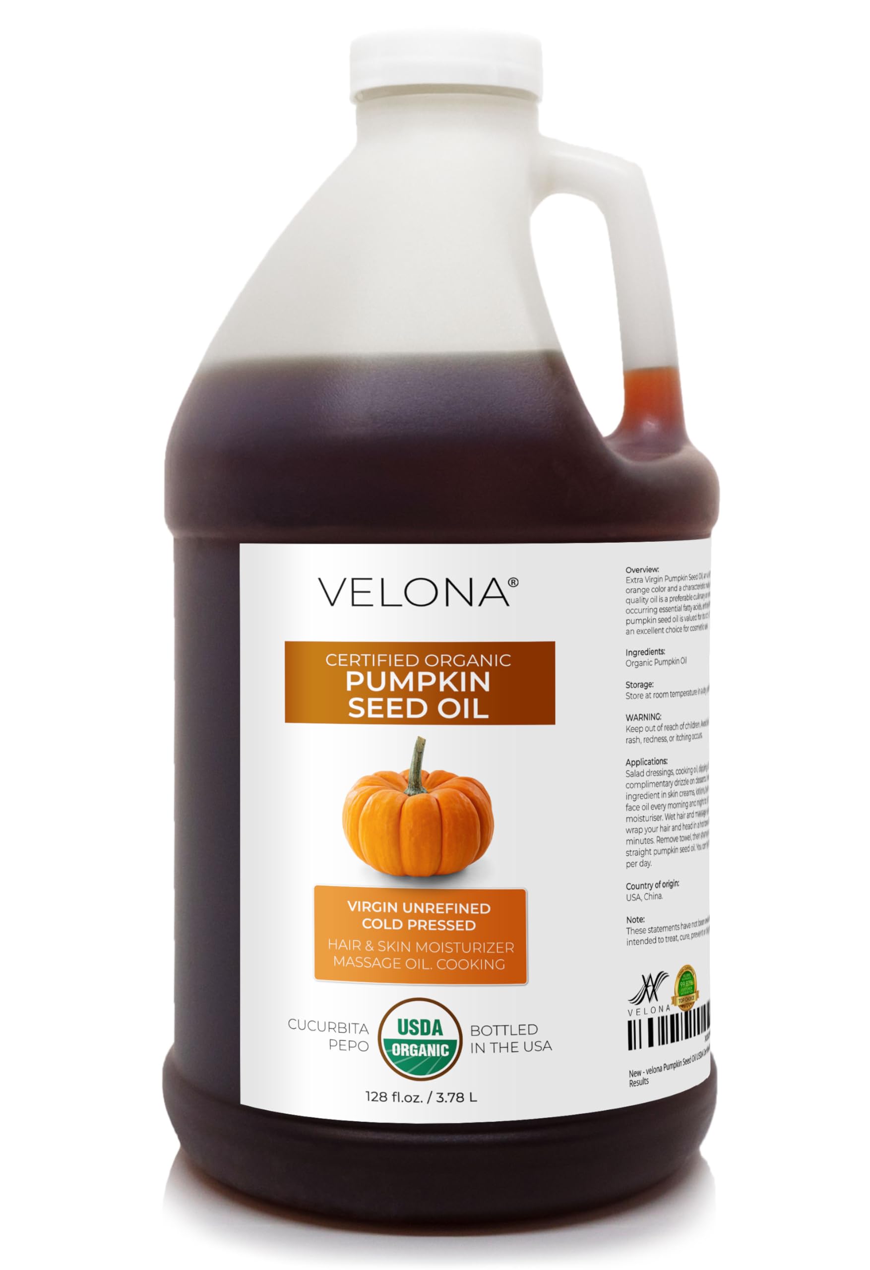 velona Pumpkin Seed Oil USDA Certified Organic - 1 Gallon / 128 Fl Oz | 100% Pure and Natural Carrier Oil | Unrefined, Cold Pressed | Cooking, Face,