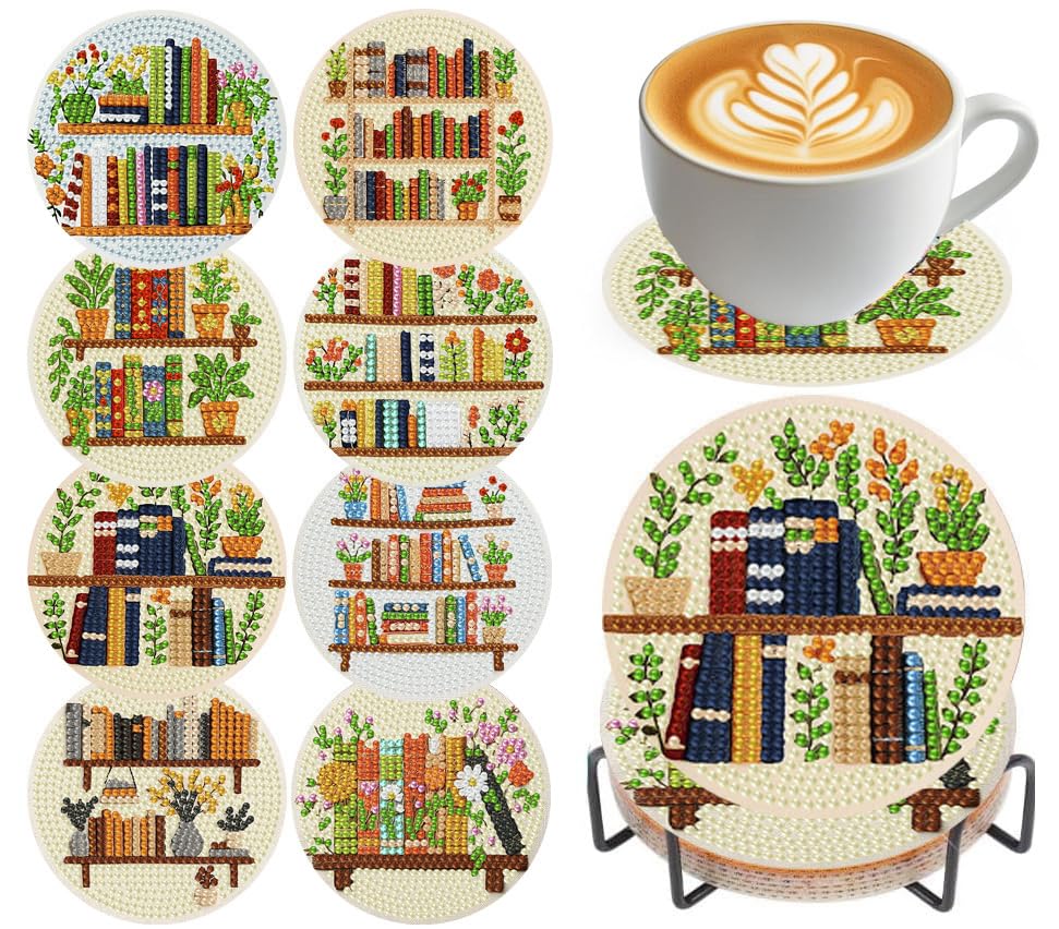 croshom Books Diamond Art Coasters Kits 8 Pieces Books Diamond Painting Coasters with Holder Books Coaster Diamonds Art Painting Kits for Adults 5D DIY Wooden Coaster for Gift