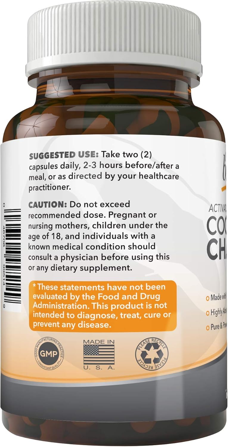 Activated Coconut Charcoal 1200mg, 180 Capsules - Pills for Digestive System, Bloating, Detoxification, Teeth Whitening, Vegan (1bottle) : Health & Household