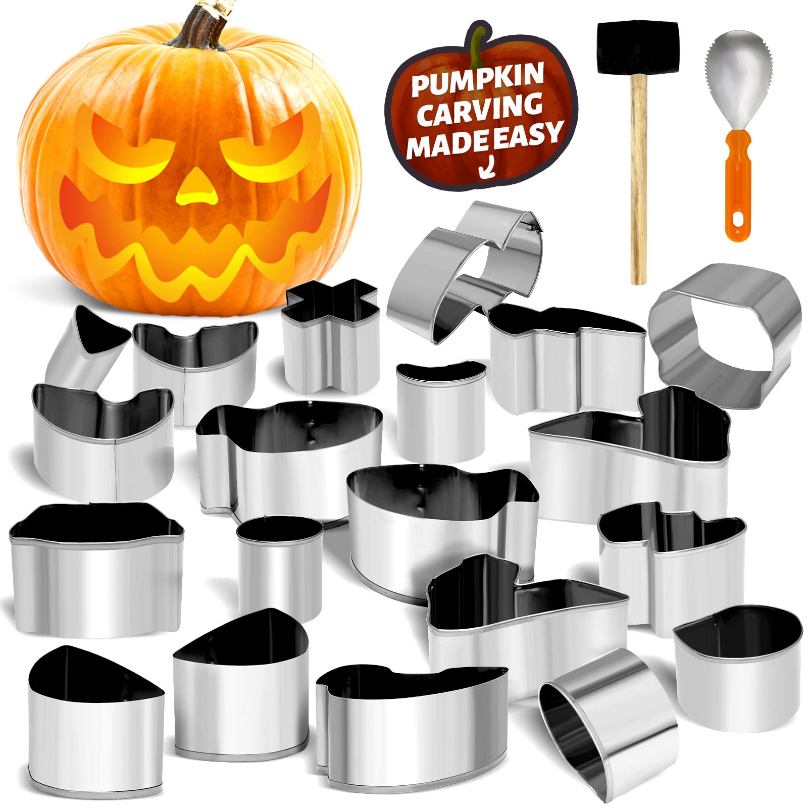 23 PCS Pumpkin Carving Kit for Kids, Halloween Pumpkin Carving Tools, Heavy Duty Stainless Steel Pumpkin Carver Set, DIY Halloween Decoration Pumpkin Carving Stencils, Simple & Safe Pumpkin Punchers