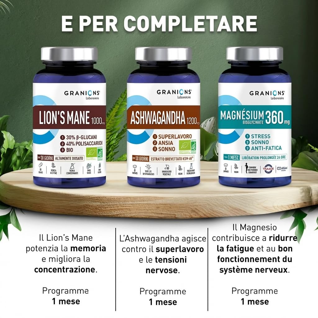 Granions Lion's Mane Bio 1000 mg | 90 Capsule Vegetali | 40% Polisaccaridi + 30% Beta-Glucani | KSM Hericium erinaceus | Vegan | Senza Glutine | Formato 30 Giorni | Certificato Bio